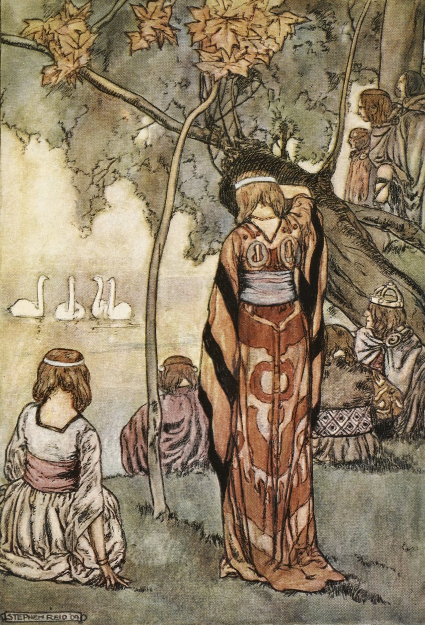 Zrobili obozowisko i łabędzie śpiewały im, ilustracja z „Wielkich czynów Finna i innych romansów bardyjskich starożytnej Irlandii” T.W. Rolleston (kolor lito) autorstwa Stephen Reid
