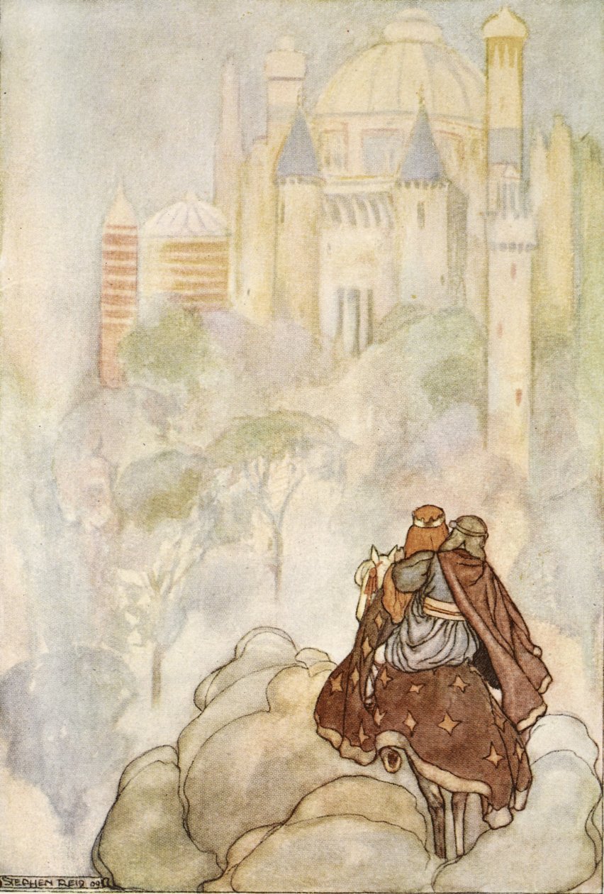 Podjechali do okazałego pałacu, ilustracja z „Wielkich czynów Finna i innych bardyjskich romansów starożytnej Irlandii” autorstwa T.W. Rolleston (kolor lito) autorstwa Stephen Reid