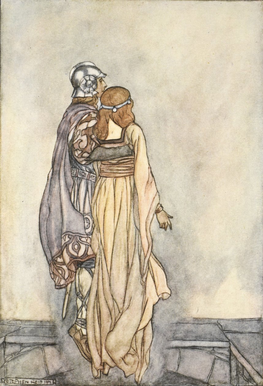 Wzniosły się w powietrzu, ilustracja z „Wielkich czynów Finna i innych romansów bardyjskich starożytnej Irlandii” autorstwa T.W. Rolleston (kolor lito) autorstwa Stephen Reid