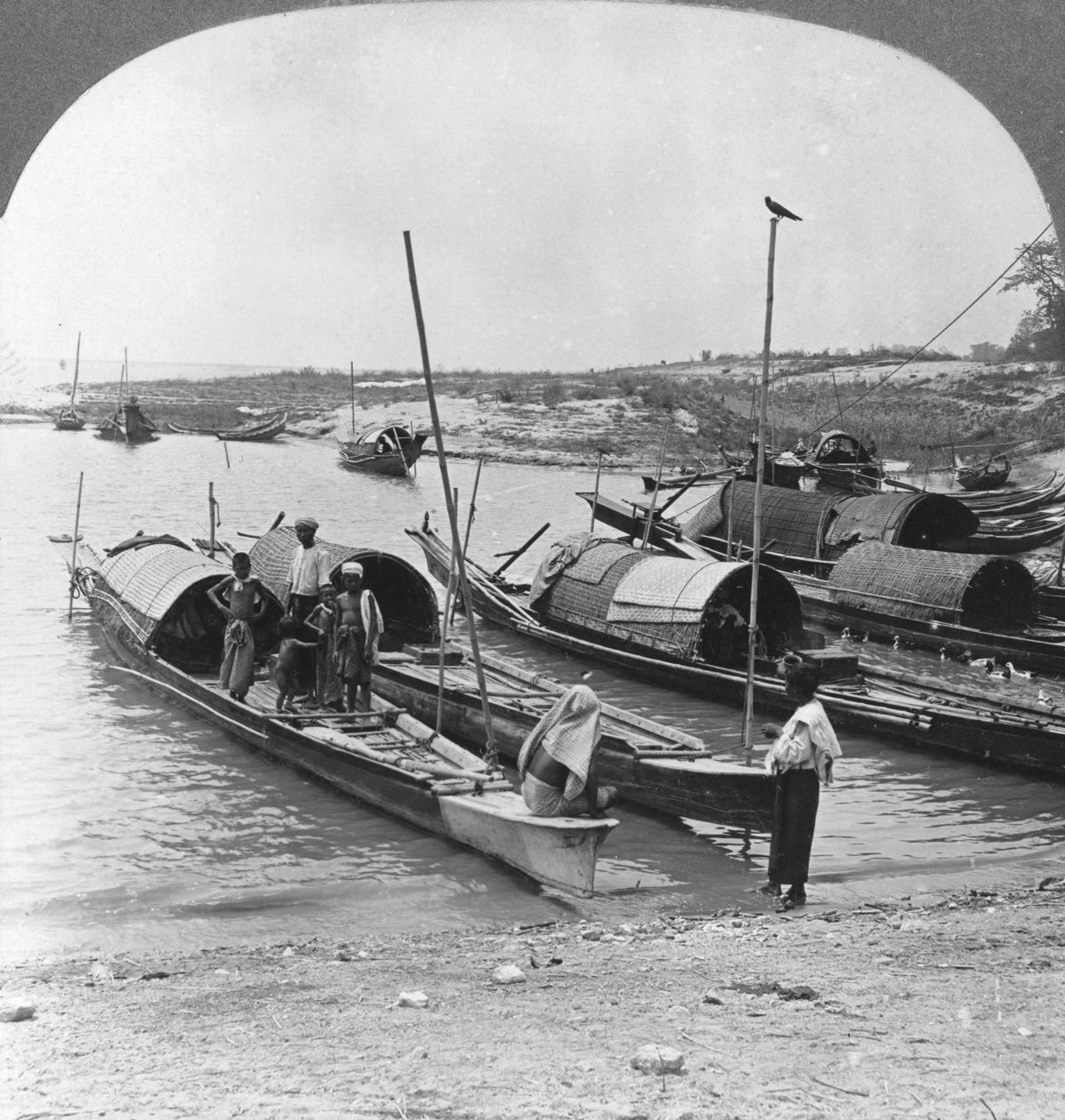 Łodzie na rzece Irrawaddy, Mingun, Birma, 1908 autorstwa Stereo Travel Co