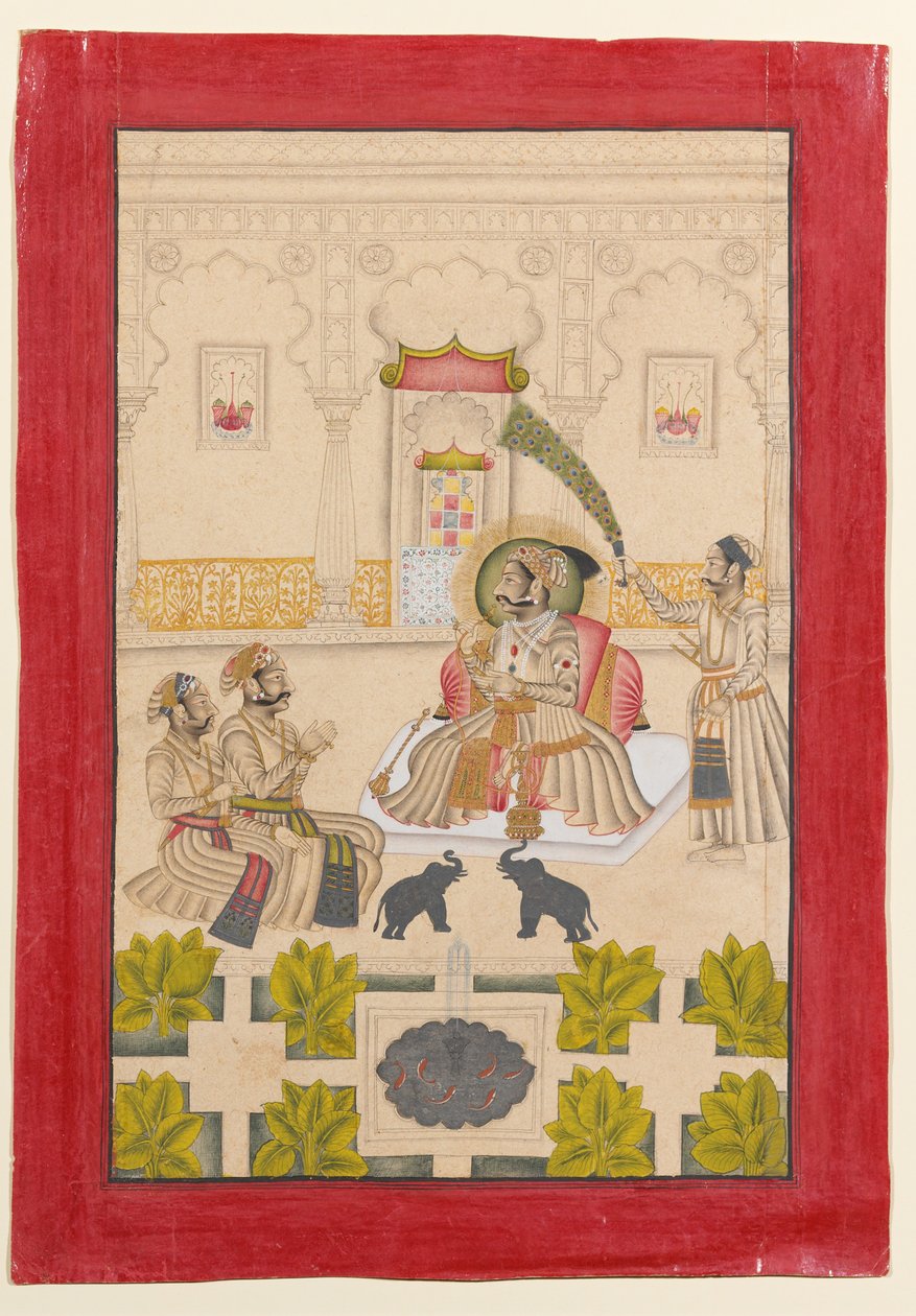 Maharana Amar Singh II zostaje pokazany dwa srebrne słonie autorstwa Stipple Master