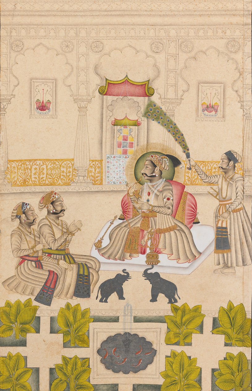 Maharana Amar Singh II zostaje pokazany Dwa srebrne słonie, ca. 1705. autorstwa Stipple Master