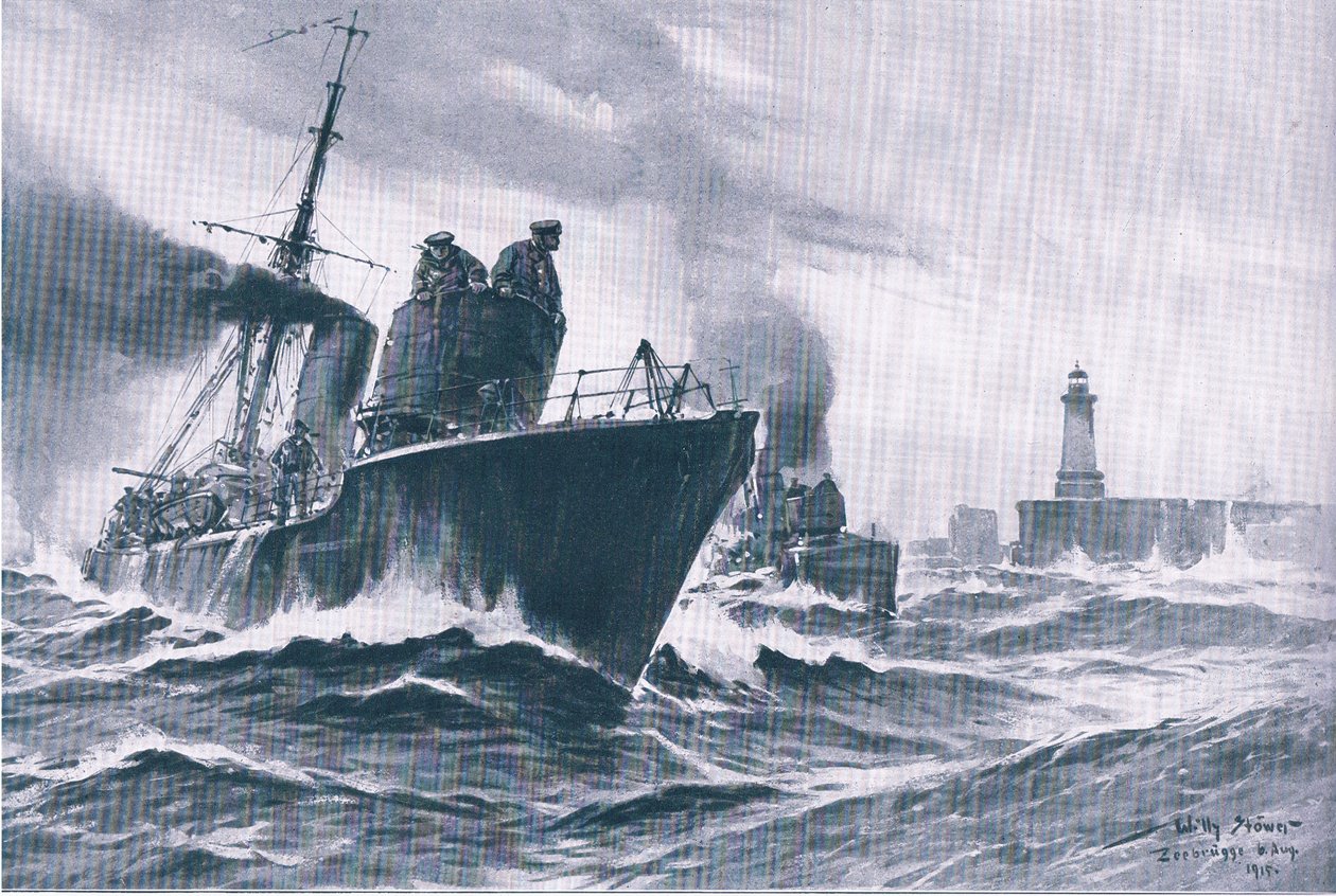 Łodzie patrolowe i trałowce wypływające z portu Zeebrugge, z Ilustrowanej Historii Wojny Światowej 1914-1915 wyd. przez Union Berlagsefellfchaft autorstwa Willy Stoewer 