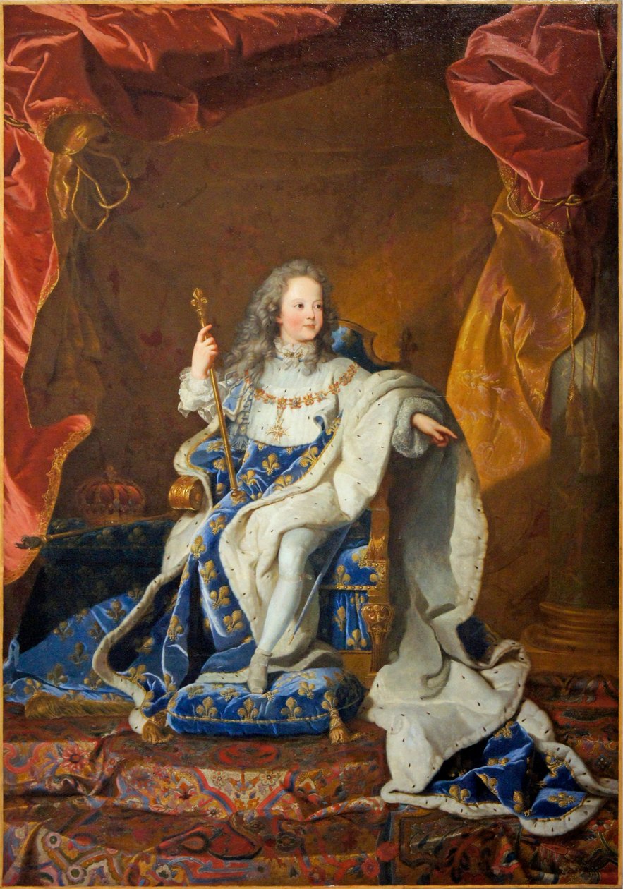 Oficjalny portret Ludwika XV w stroju koronacyjnym autorstwa Studio of Hyacinthe Rigaud