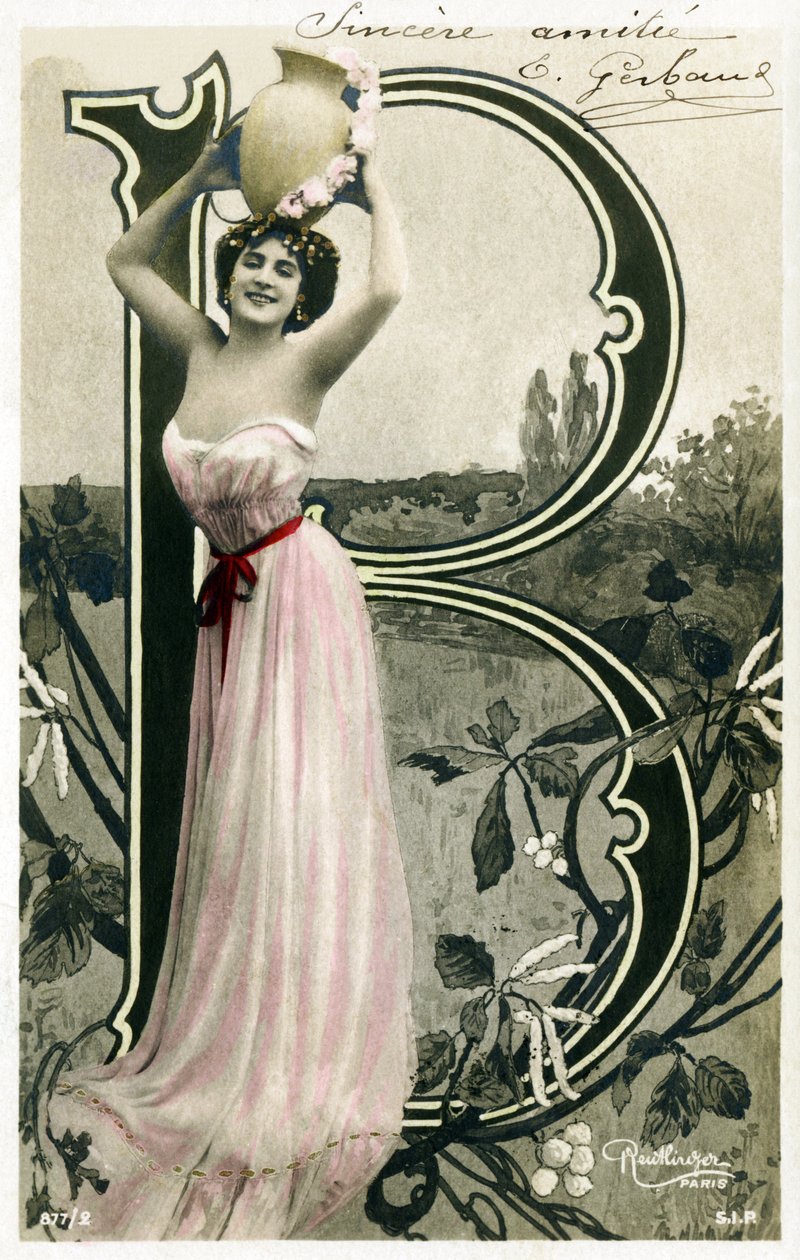 B: Bianca Toledo, artystka, piosenkarka i tancerka Sewilli z Belle Epoque - Casino de Paris, Folies Bergere, Jardin de Paris - Alfabet na pocztówce autorstwa Studio Reutlinger
