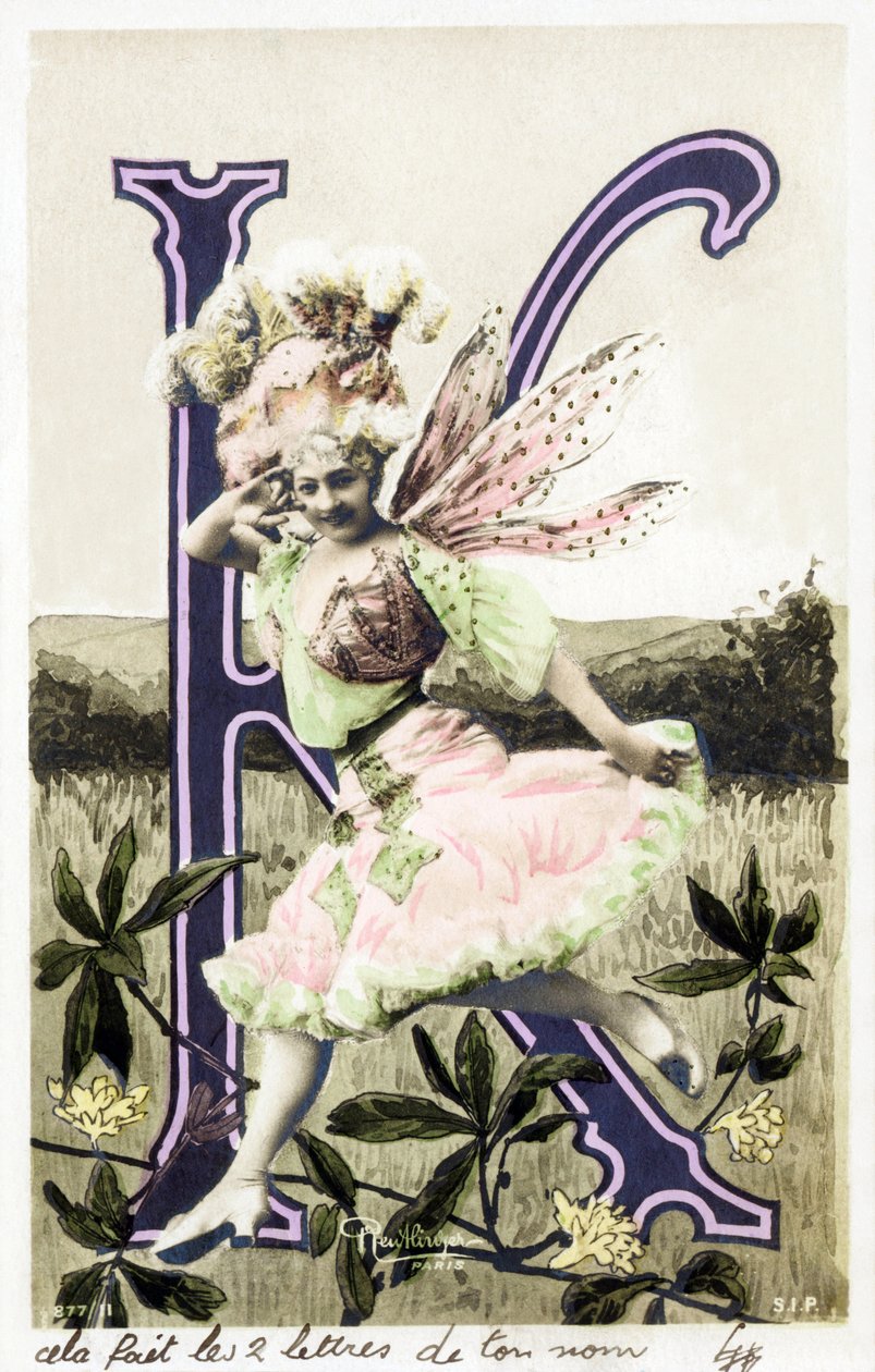 K : Juliette Mealy , piosenkarka i tancerka kabaretowa z la Belle Epoque - twórczyni piosenki "Frou Frou" w 1897 - Alfabet na pocztówce autorstwa Studio Reutlinger