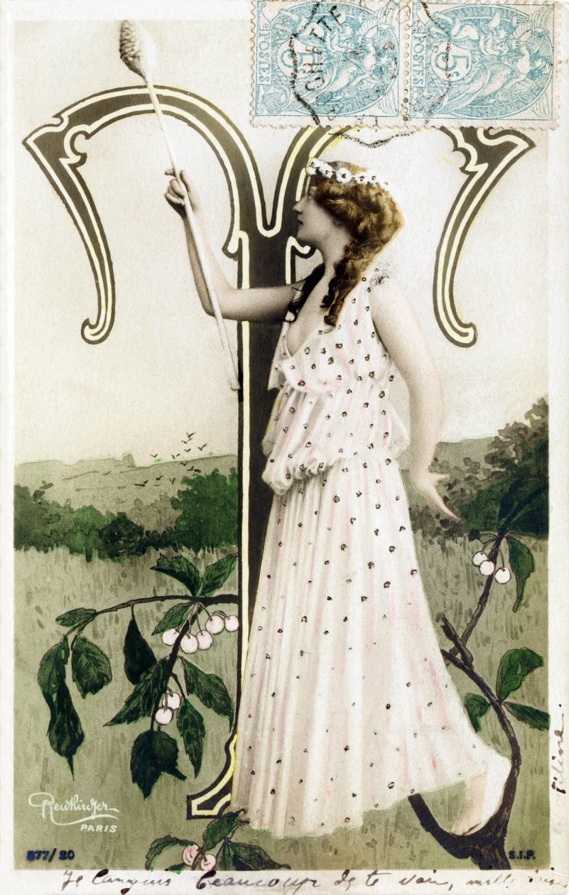 T: Louise Myriel, aktorka i piosenkarka z Belle Epoque - Folies Bergere, theaters du Gymnase, de la Gaite, Paryż - Alfabet na pocztówce autorstwa Studio Reutlinger