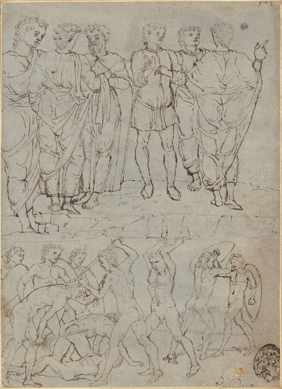 Sześciu rozmawiających mężczyzn i dziesięć walczących aktów autorstwa Studio of Francesco Squarcione