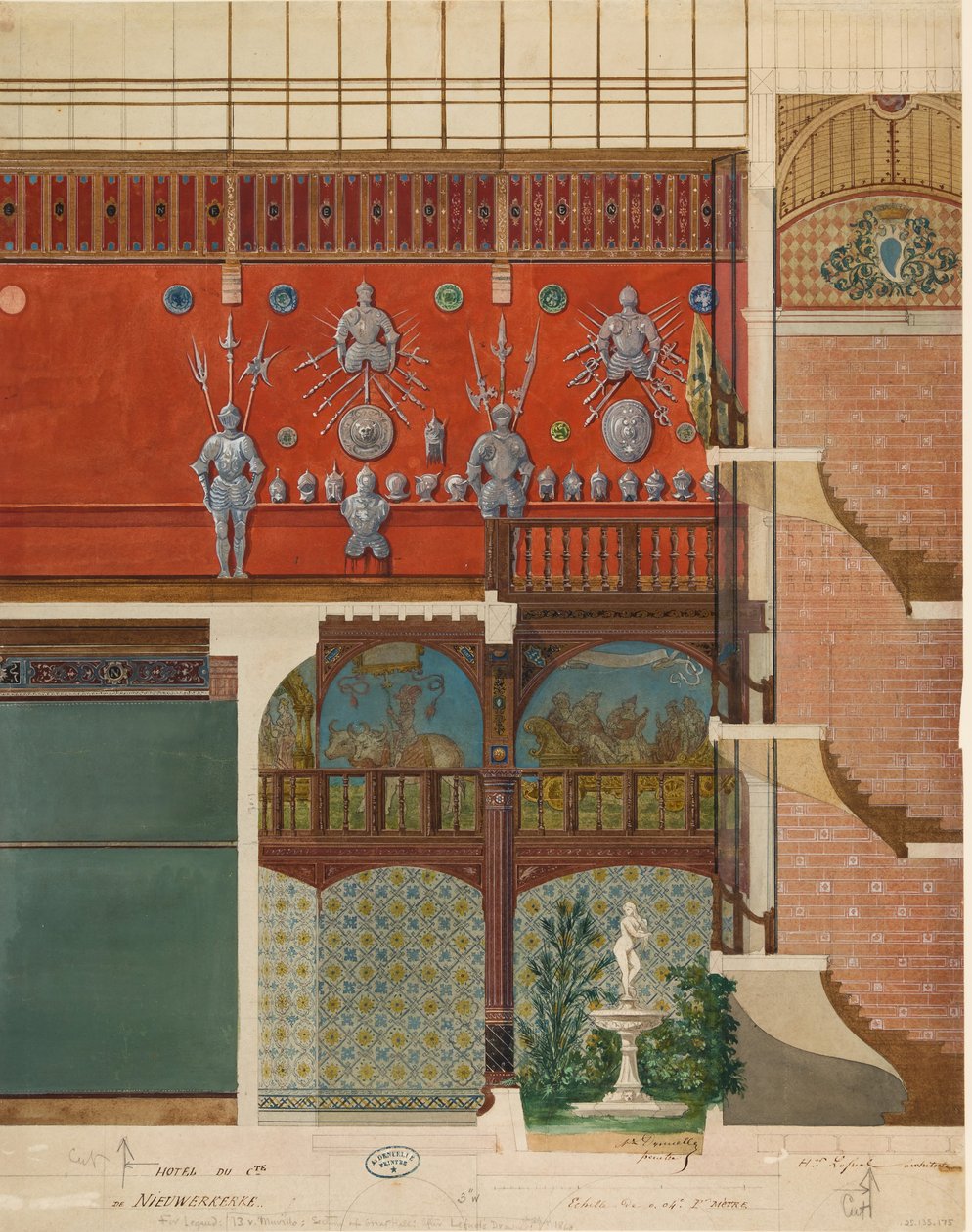 Rysunek architektoniczny wnętrza domu hrabiego de Nieuwerkerke, ca. 1870. autorstwa Studio of Hector Martin Lefuel.