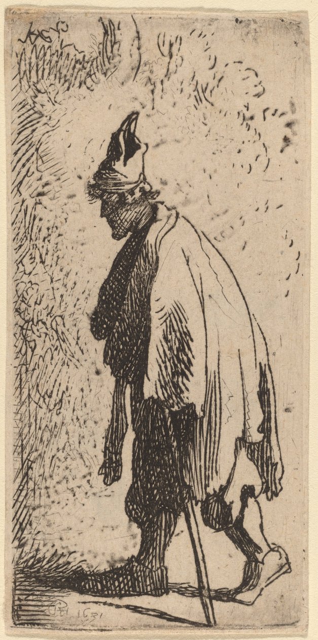 Żebrak z kijem, idąc w lewo autorstwa Studio of Rembrandt van Rijn