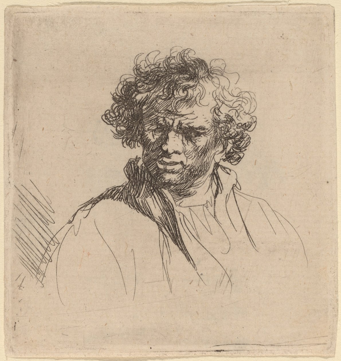 Kędzierzawy mężczyzna z krzywymi ustami autorstwa Studio of Rembrandt van Rijn
