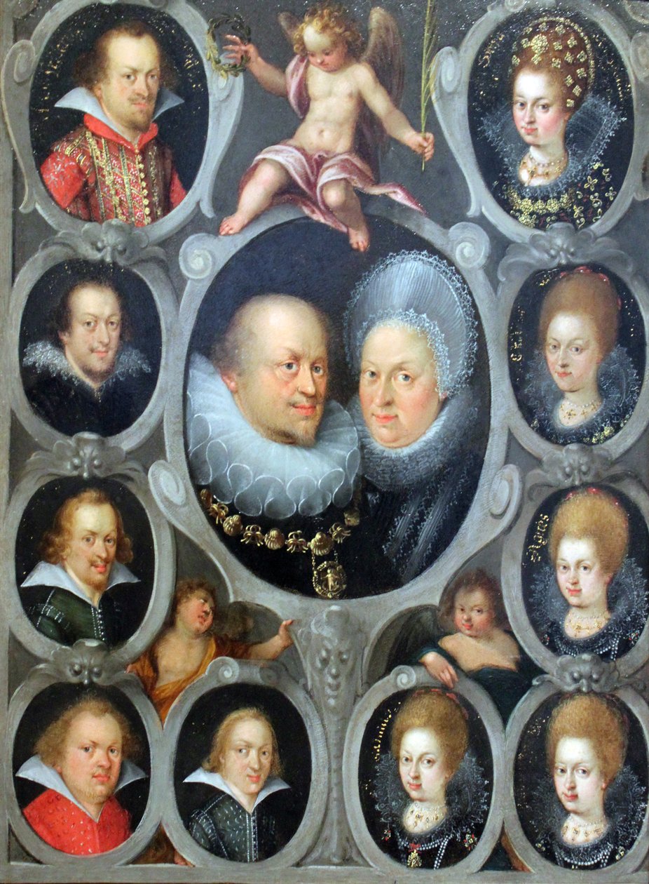 Książę Fryderyk I (1557-1608) (r. 1593-1608) i księżna Sybilla von Württemberg z dziesięciorgiem ich dzieci autorstwa Stuttgarter Hofmaler