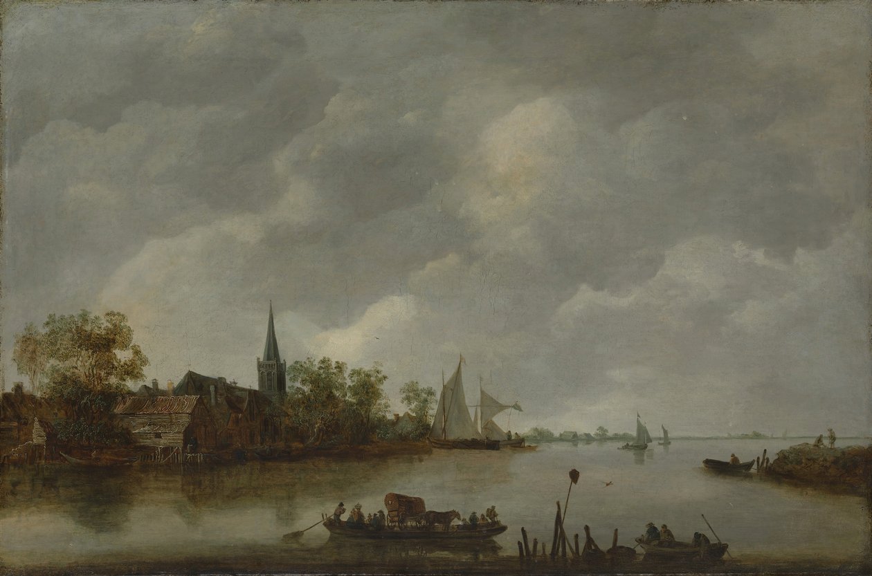 Widok na rzekę z wiejskim kościołem. autorstwa Style of Jan van Goyen