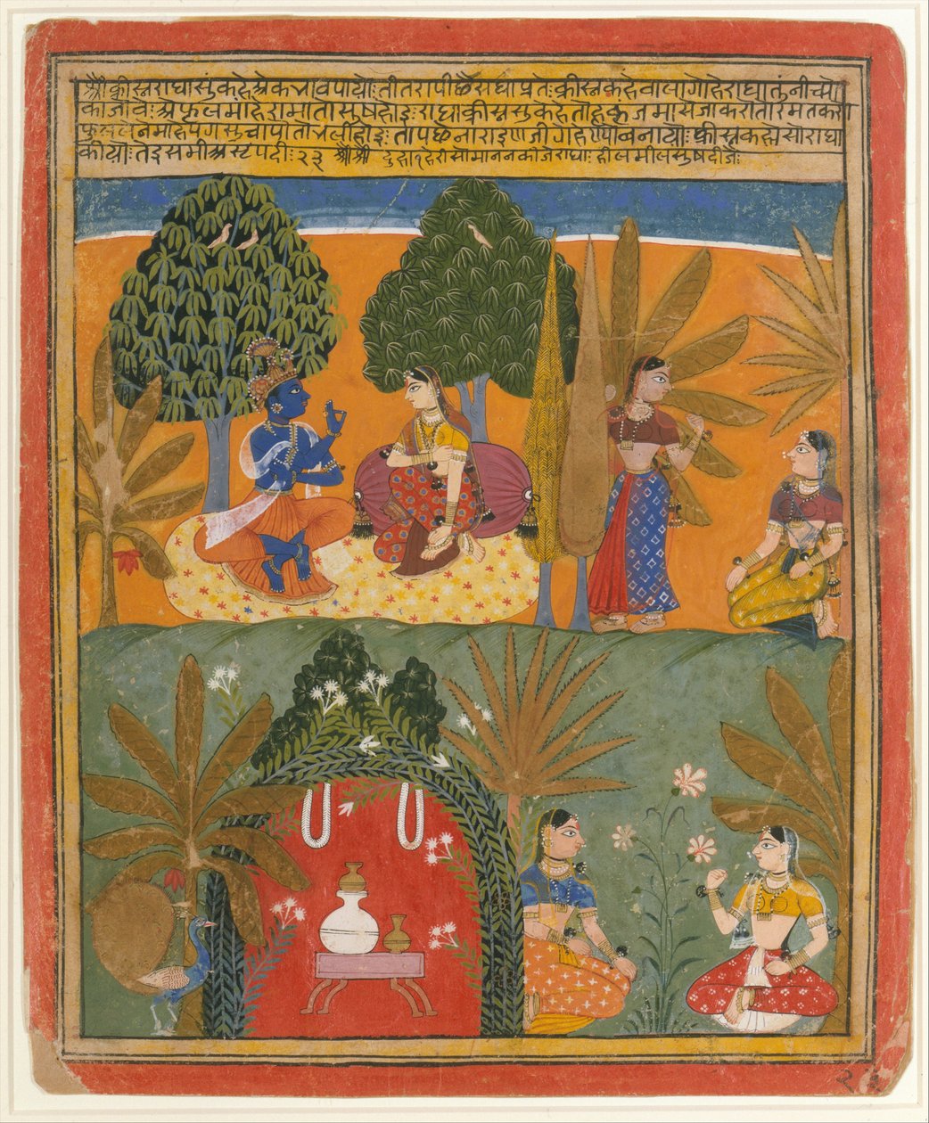 Krishna i Radha ze swoimi powiernikami: Strona z rozproszonej Gita Govinda, ca. 1655-60. autorstwa Style of Manohar