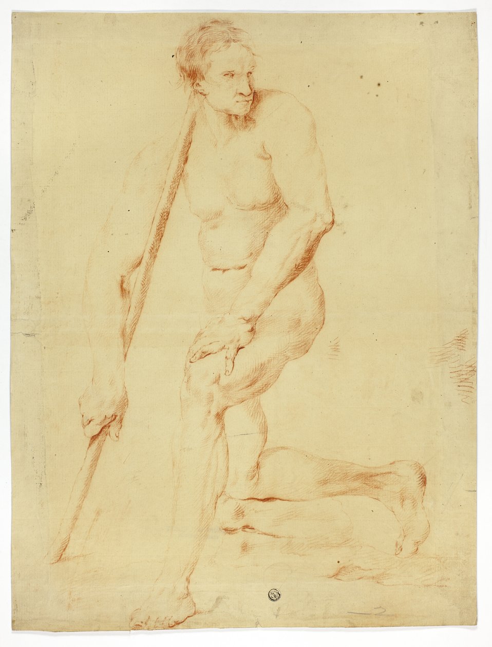 Akademicki akt męski opierający się o laskę autorstwa Style of Pompeo Girolamo Batoni