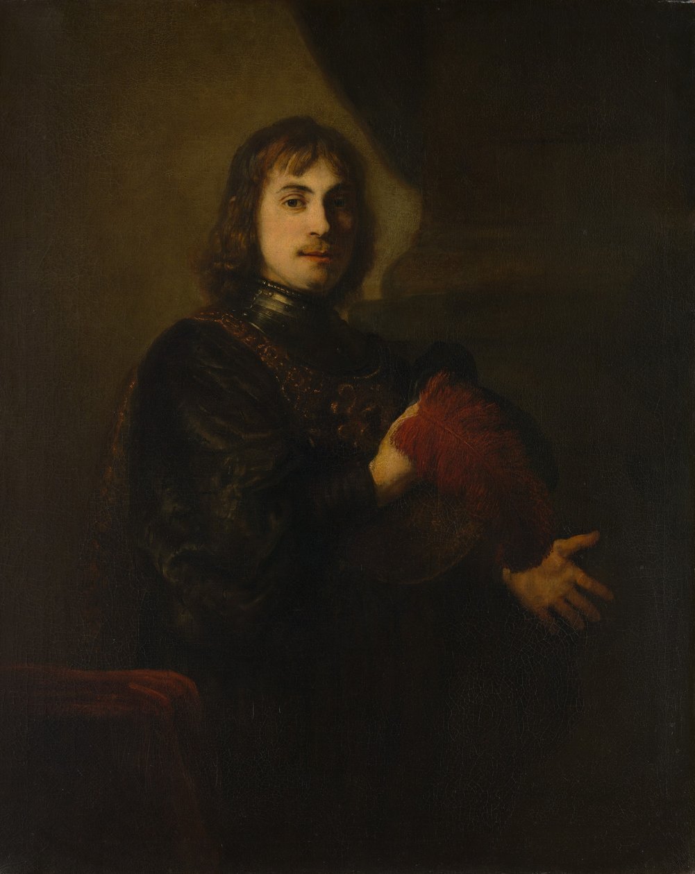 Portret mężczyzny z napierśnikiem i kapeluszem z pióropuszem. autorstwa Style of Rembrandt