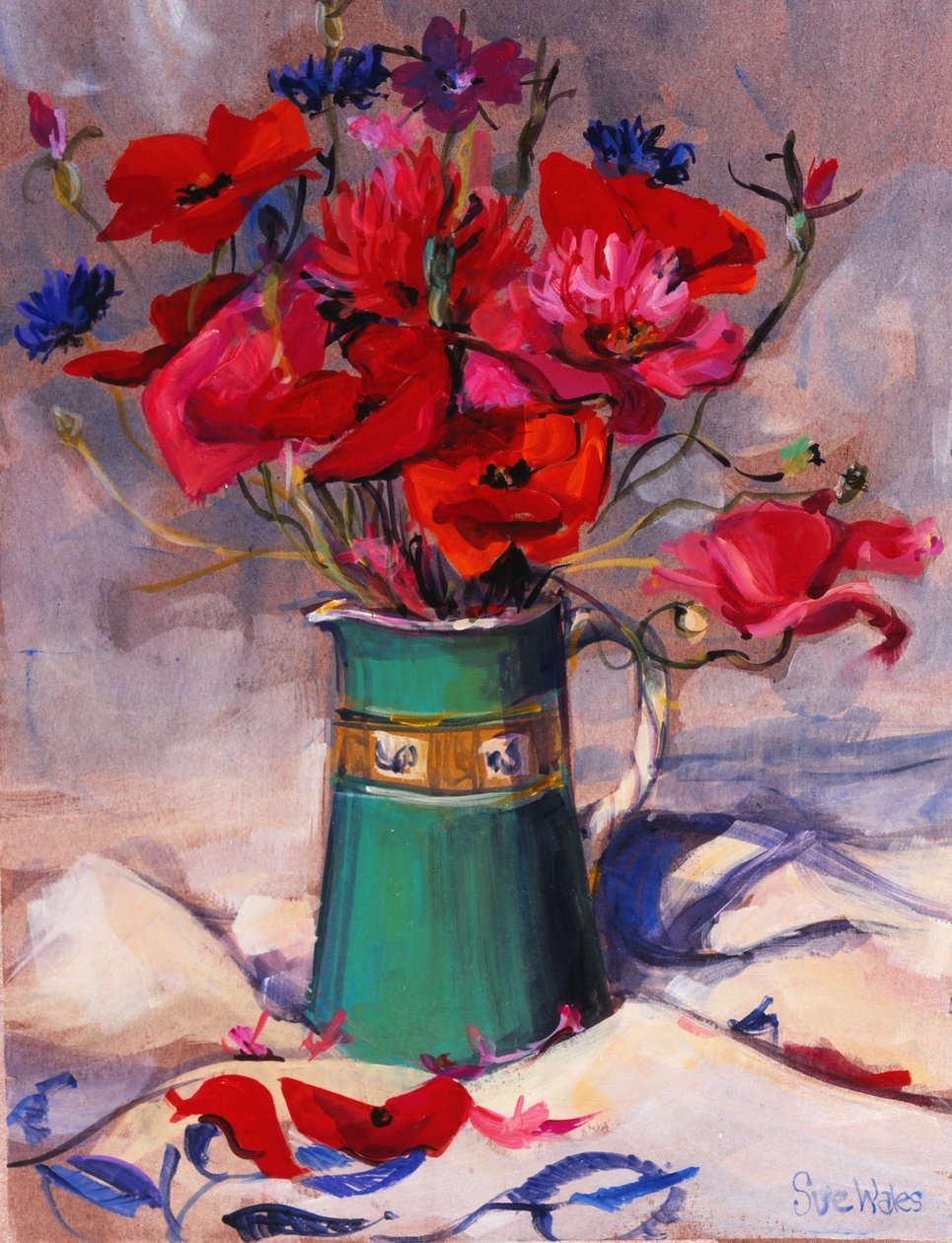Maki i chabry w zielonym dzbanku, 1994, autorstwa Sue Wales