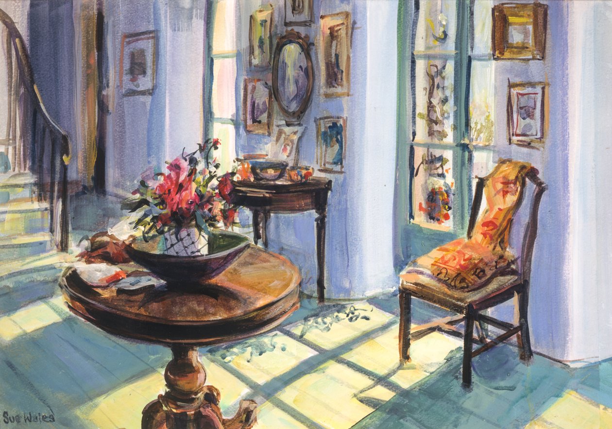 Nasłoneczniona sala Vanessas, 1995, (gwasz na karcie) autorstwa Sue Wales
