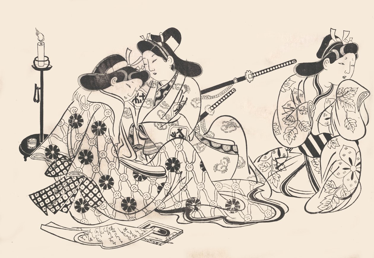 Siedzący samuraj i kurtyzana, sługa obok nich, ca. 1685., ca. 1685. autorstwa Sugimura Jihei