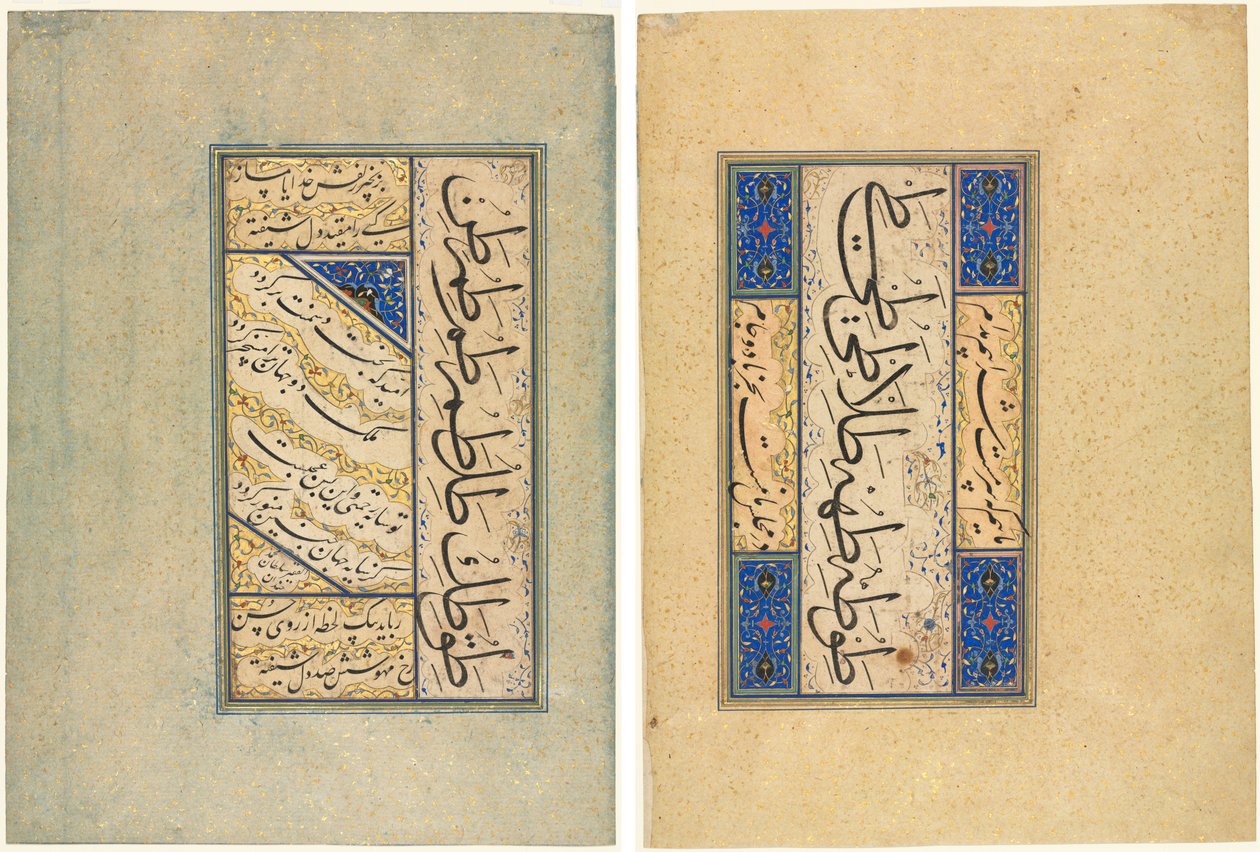 perskie czterowiersze (Rubayi) i ćwiczenia kaligraficzne (recto); werset perski (khamriyya) (verso) autorstwa Sultan Muhammad Khandan