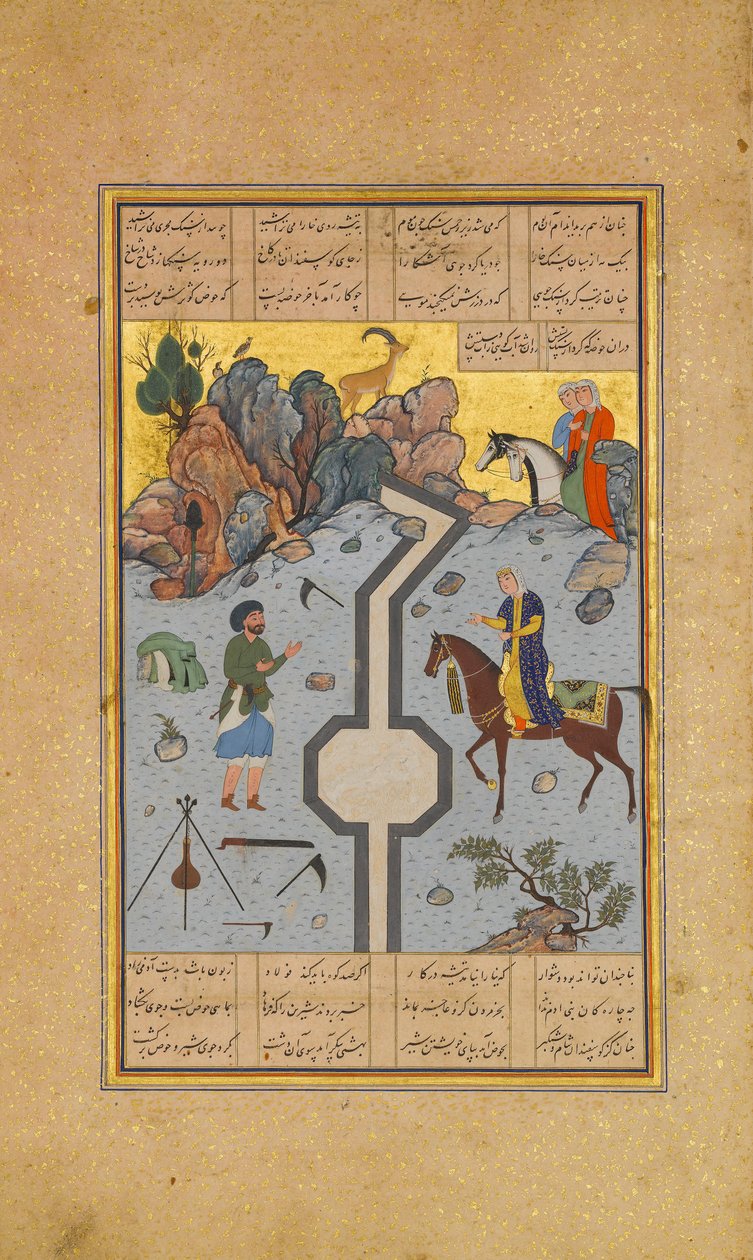 Farhad rzeźbi kanał mleczny dla Shirin, Folio 74 z Kwintetu Khamsa..., AH 931A.D. 1524-25. Twórcy: Sultan Muhammad Nur, Mahmud Muzahhib, Shaikh Zada. autorstwa Sultan Muhammad Nur, Mahmud Muzahhib, Shaikh Zada