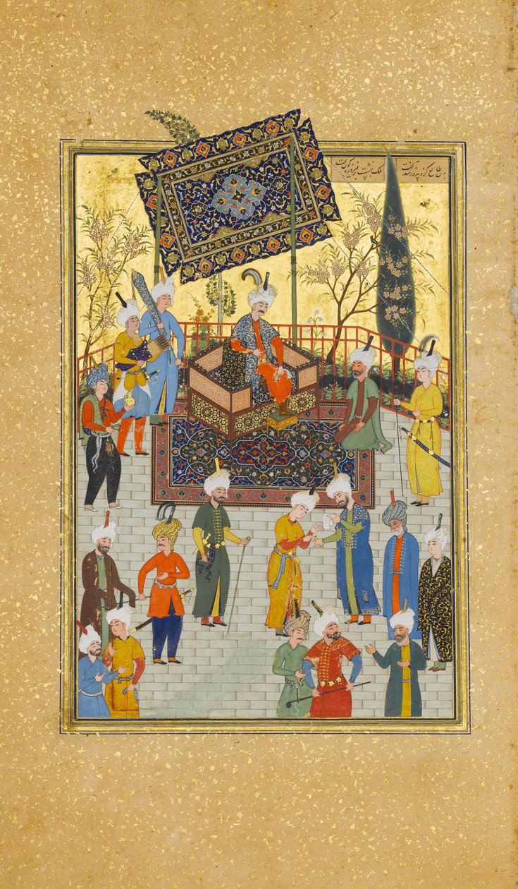 Khusrau siedzący na tronie, Folio 64 z Kwintetu Khamsa z Nizami, AH 931 AD. 1524-25. Twórcy: Sultan Muhammad Nur, Mahmud Muzahhib, Shaikh Zada. autorstwa Sultan Muhammad Nur, Mahmud Muzahhib, Shaikh Zada