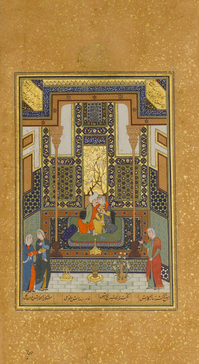 Ślub Khusrau i Shirin, Folio 104 z Kwintetu Khamsa z Nizami, AH 931 AD. 1524-25. Twórcy: Sultan Muhammad Nur, Mahmud Muzahhib, Shaikh Zada. autorstwa Sultan Muhammad Nur, Mahmud Muzahhib, Shaikh Zada