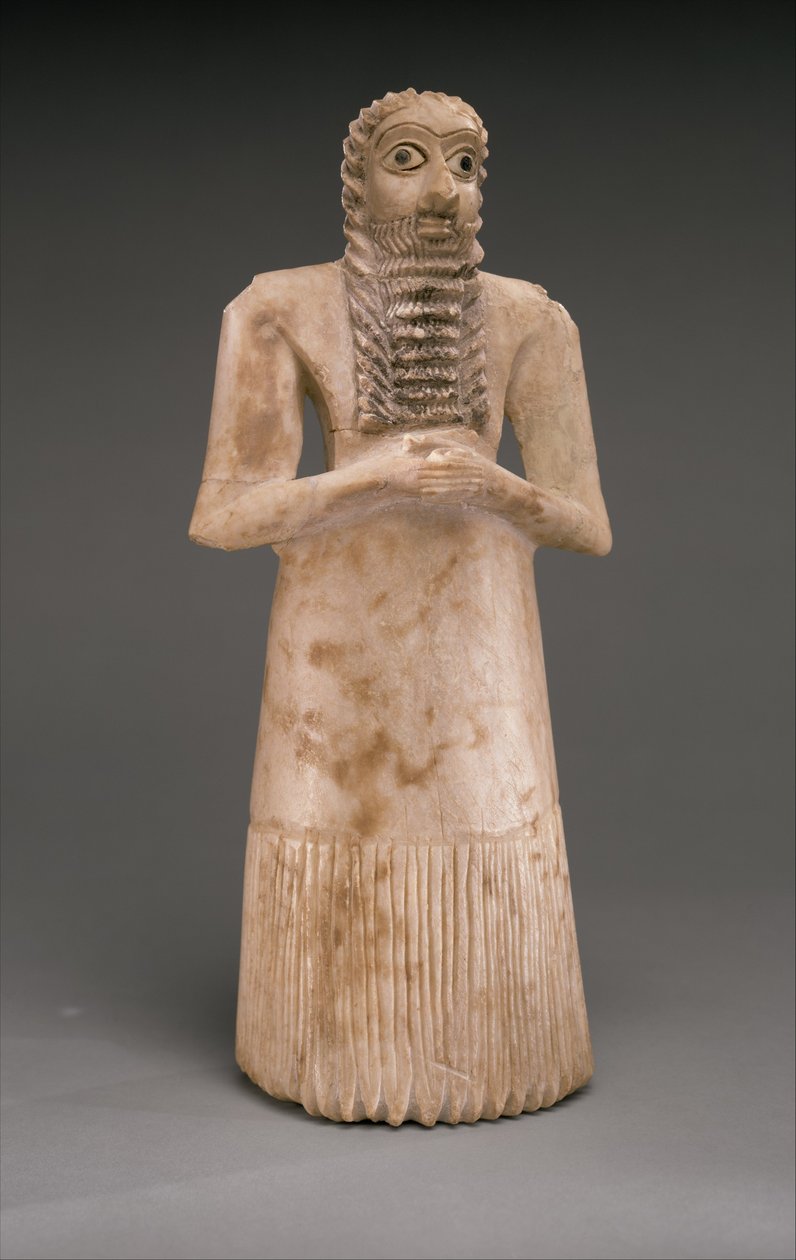 Stały wyznawca płci męskiej, wczesna dynastyka, ok. 2900-2600 p.n.e. (alabaster gipsowy, muszla, czarny wapień, bitum) autorstwa Sumerian