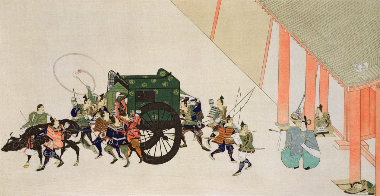 Cesarz uciekający z pałacu przebrany za kobietę w powozie, scena z dworskiego romansu okresu Heian, wydrukowana w czasopiśmie „The Kokka”, 1900-01 autorstwa Sumiyoshi Hirozumi Gukei