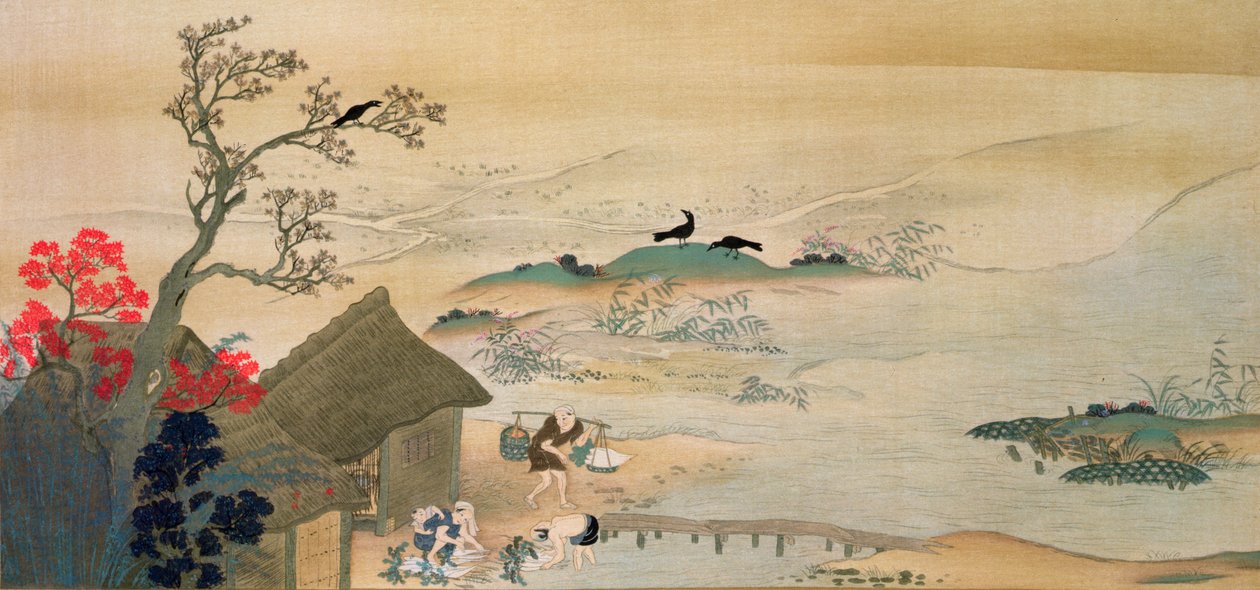 Chłopi zbierający warzywa w okolicach Kioto w średniowieczu, wydrukowany w czasopiśmie „The Kokka”, 1900-01 autorstwa Sumiyoshi Hirozumi Gukei