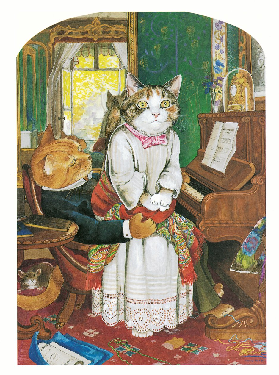 Ilustracja z książki Koty prerafaelitów (wyd. 1999) autorstwa Susan Herbert