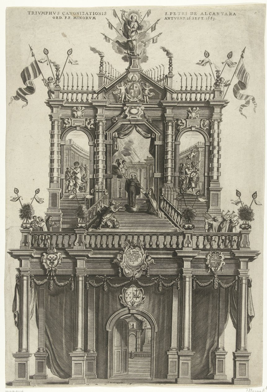 Brama triumfalna wzniesiona w Antwerpii z okazji kanonizacji Piotra z Alkantary w 1669 r. Triumphus Canonizationis S. Petri de Alcantara Ord. F.F. Minorum Antwerp. 16 września 1669 (tytuł na obiekcie) autorstwa Susanna Verbruggen (signed by artist)