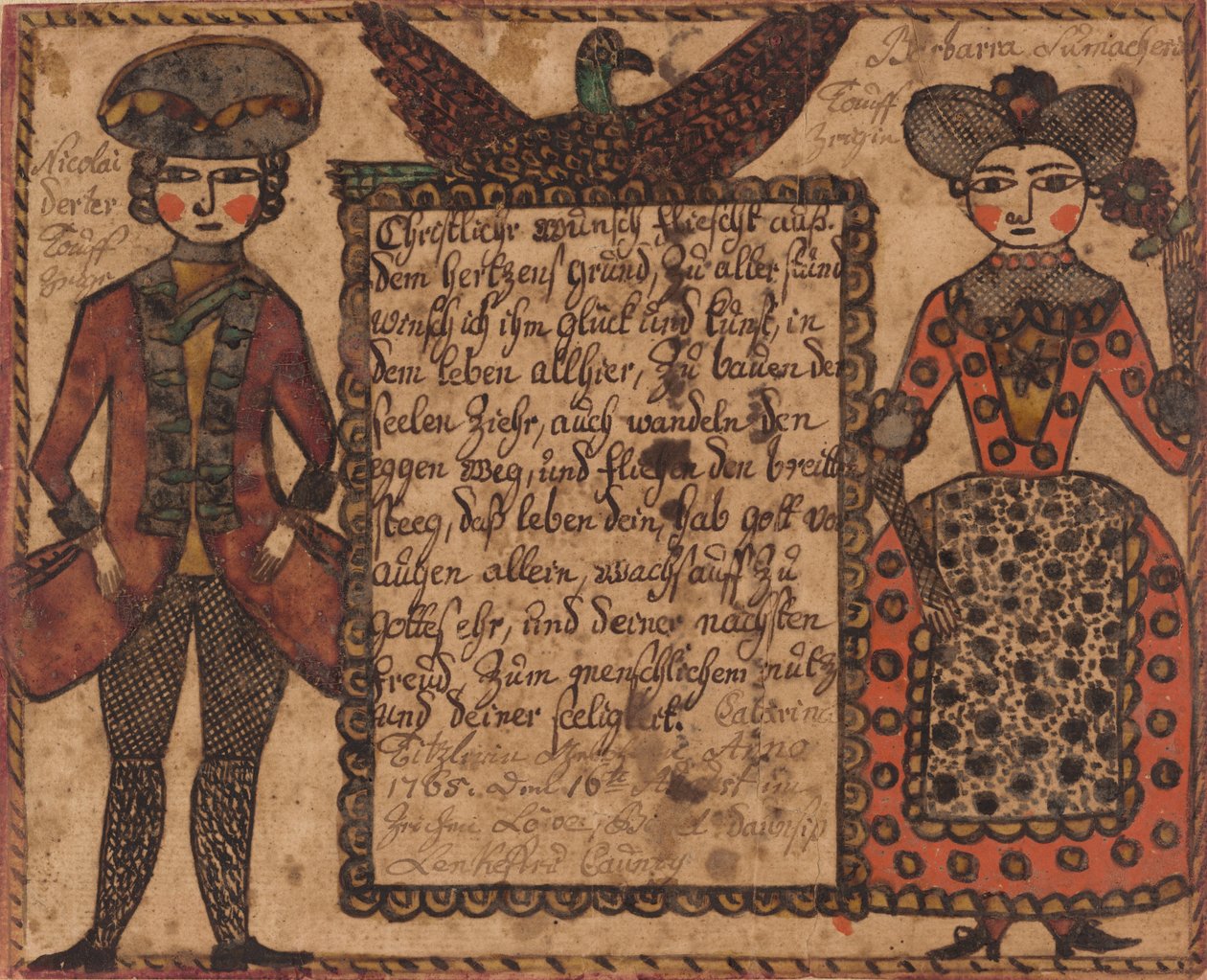 Życzenia chrzcielne dla Catariny Titzlir, ok. 1765 r. (akwarela) autorstwa Sussel Washington