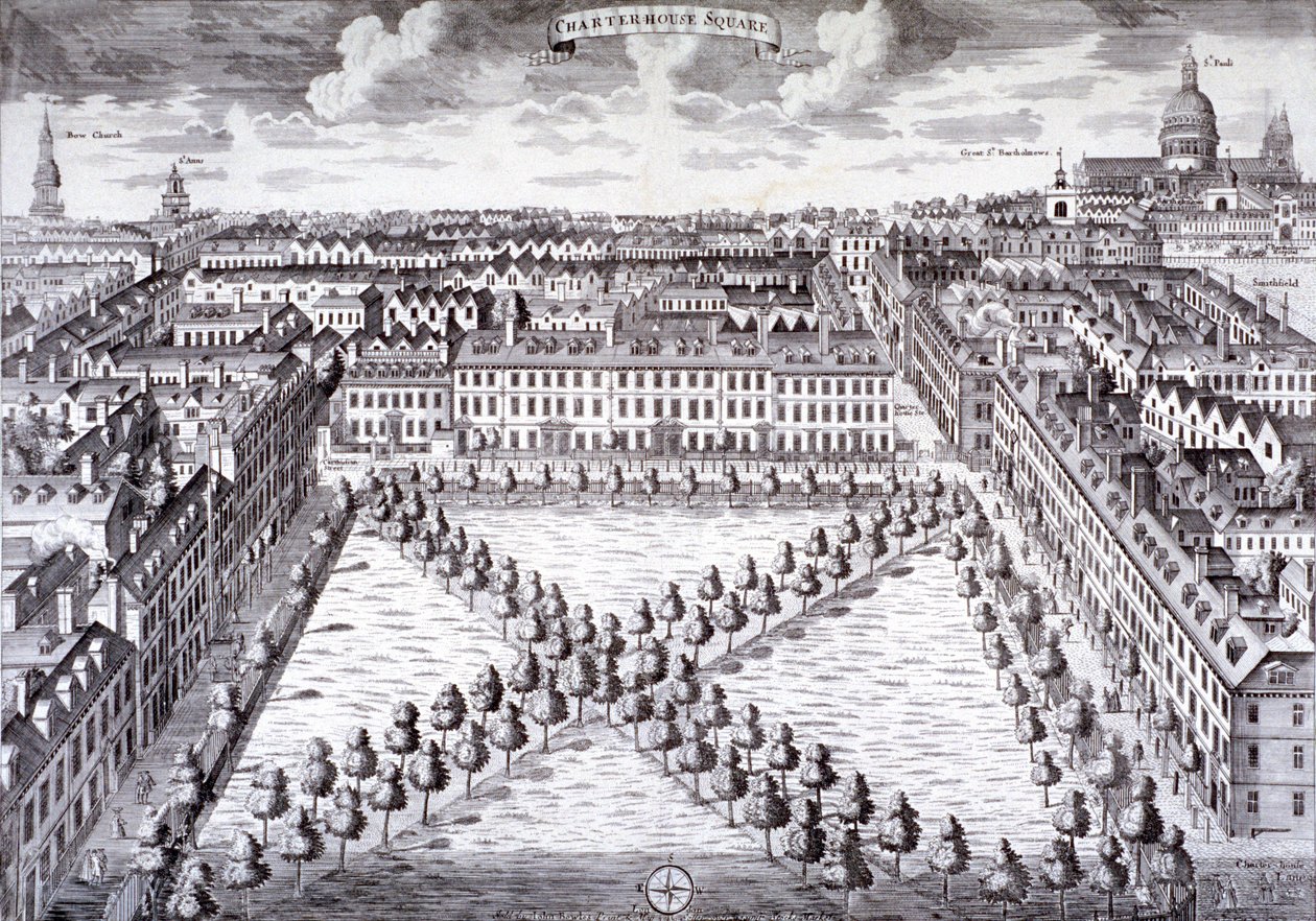 Widok z lotu ptaka na Charterhouse Square, Finsbury, Londyn, ok. 1750 autorstwa Sutton Nicholls