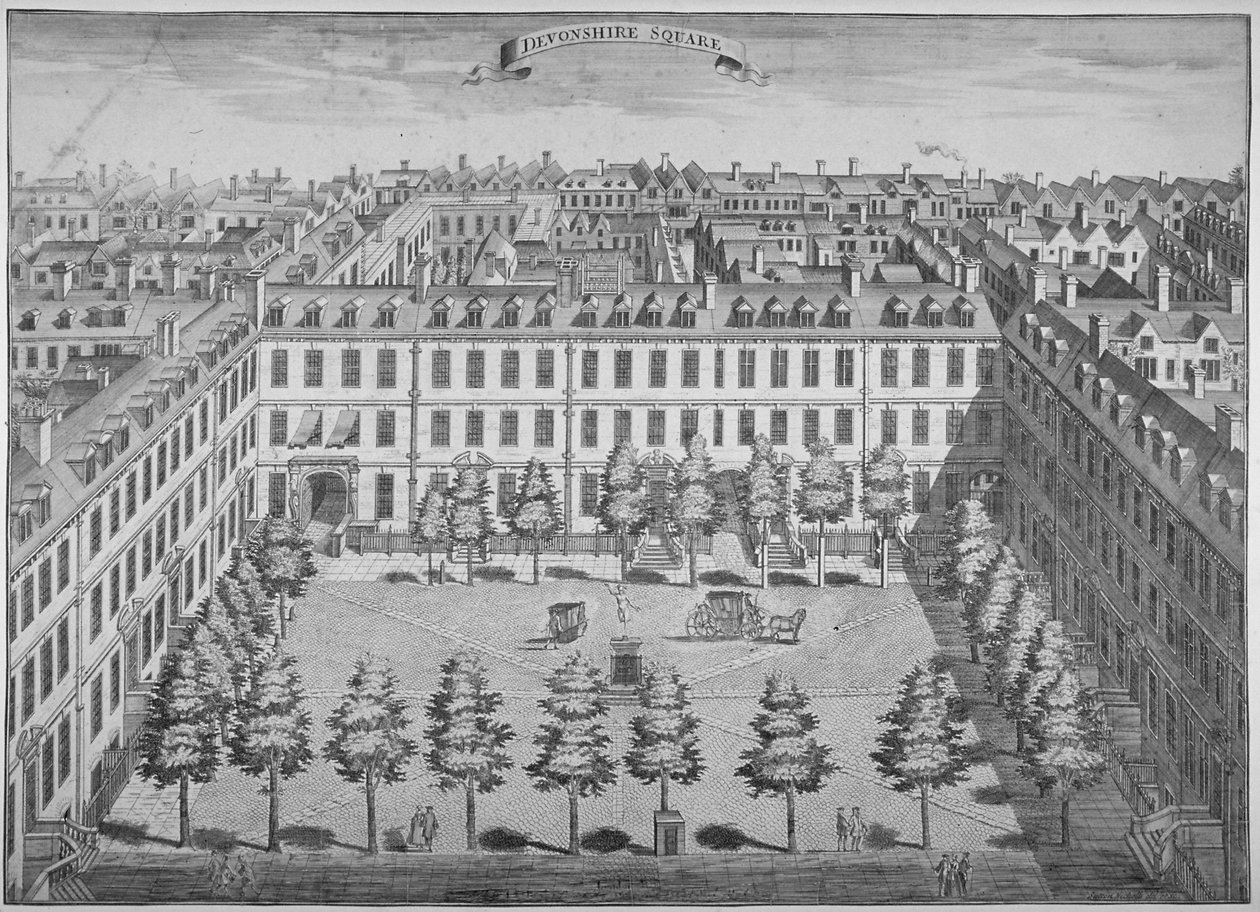 Widok z lotu ptaka na Devonshire Square, City of London, 1740. autorstwa Sutton Nicholls
