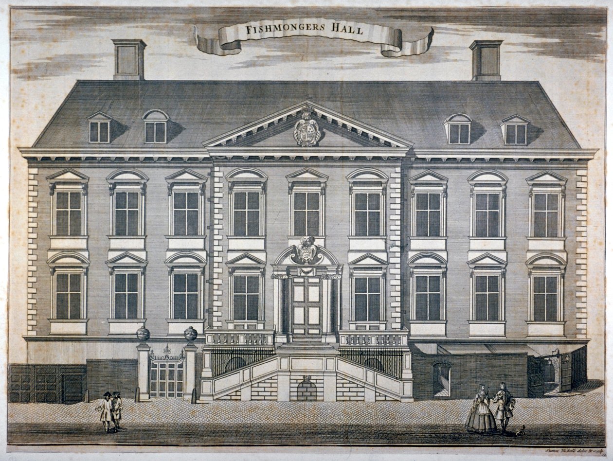 Hala handlarzy ryb, City of London, ok. 1750. autorstwa Sutton Nicholls