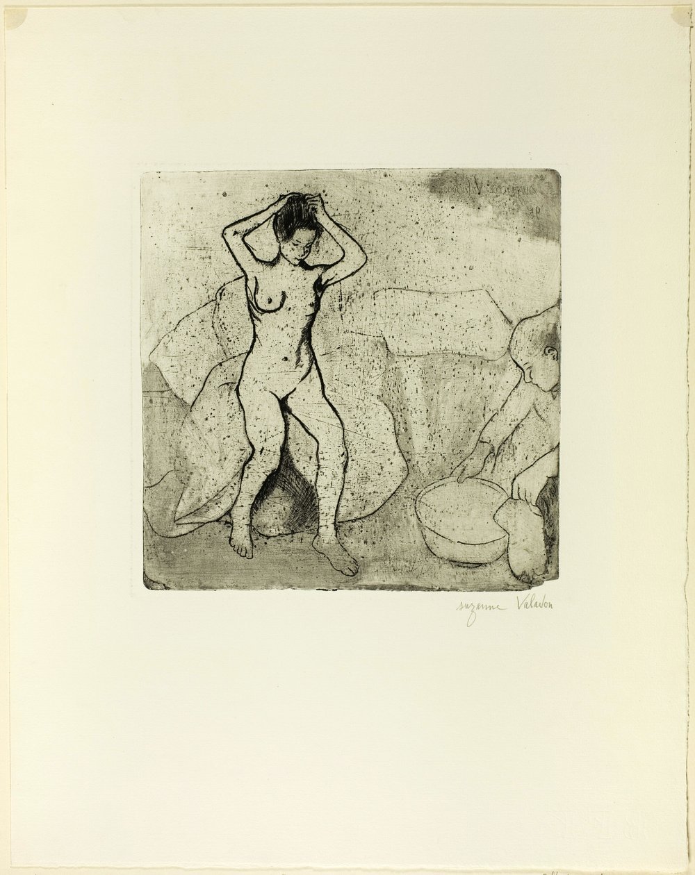 Katarzyna przygotowuje kąpiel, a Louise, nago, poprawia włosy autorstwa Suzanne Valadon