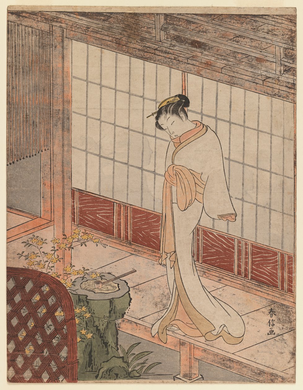 Kurtyzana w stroju nocnym stojąca na werandzie, ok. 1767 (kolorowy drzeworyt) autorstwa Suzuki Harunobu