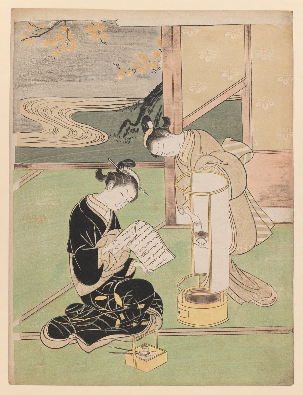 Wieczorna poświata w nocnym świetle okrytym papierem, z serii Osiem widoków salonu, 1766 (kolorowy drzeworyt) autorstwa Suzuki Harunobu