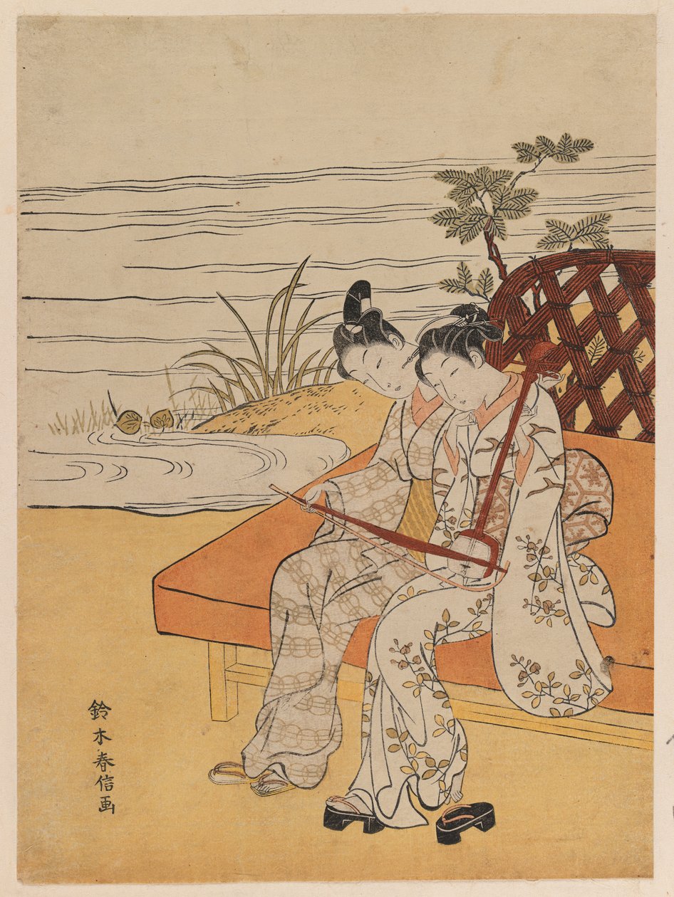 Strolling Kokyu Players, ok. 1765 (kolorowy drzeworyt) autorstwa Suzuki Harunobu