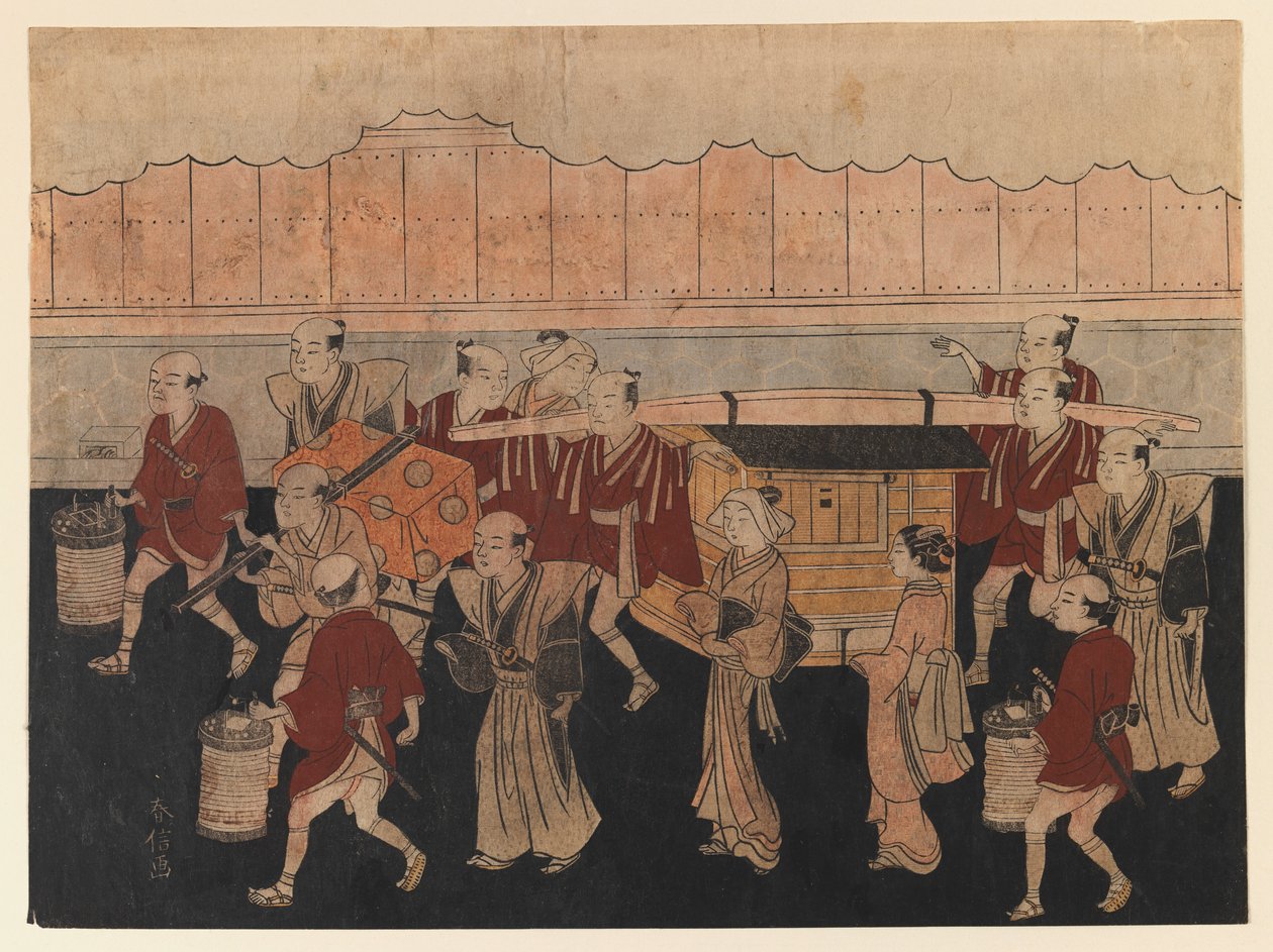 Podróż panny młodej do domu męża, z cyklu Ceremonie weselne, ok. 1768 (kolorowy drzeworyt) autorstwa Suzuki Harunobu