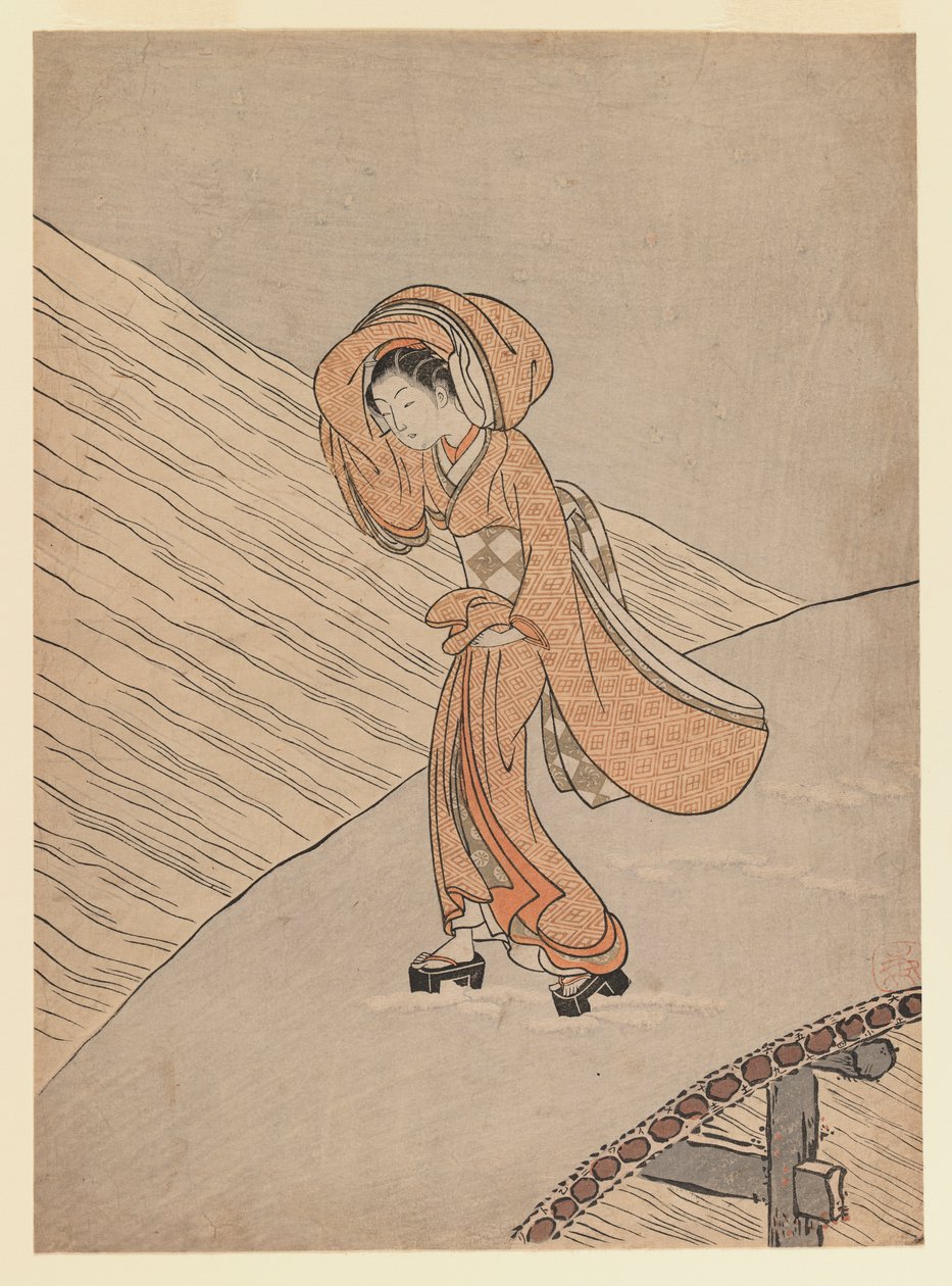 Młoda dziewczyna przechodząca przez most po śniegu: Rok kalendarzowy drugiego roku Meiwy, 1765 (kolorowy drzeworyt) autorstwa Suzuki Harunobu