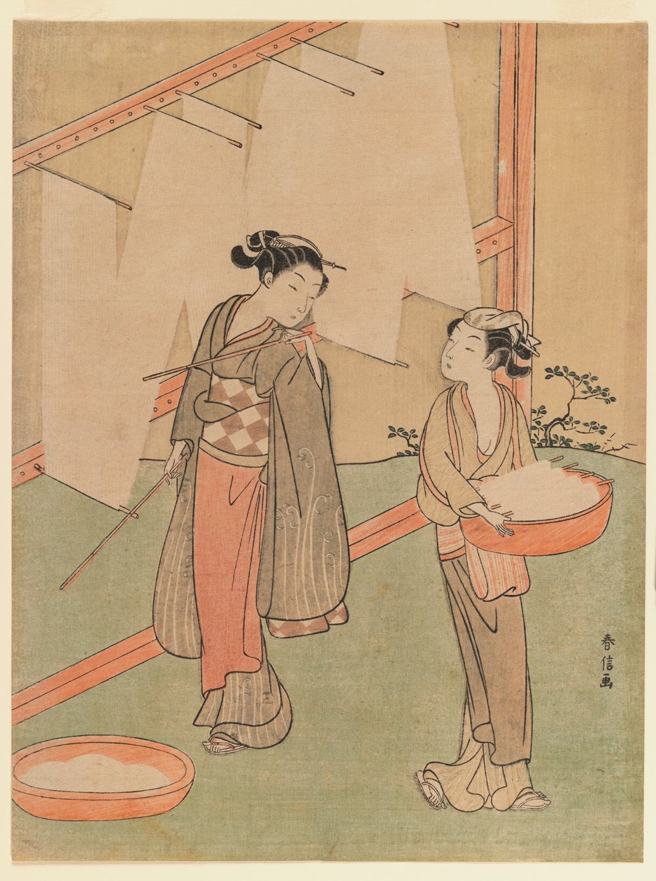 Młoda dziewczyna i służąca susząca japońskie delikatne makarony, ok. 1766 (kolorowy drzeworyt) autorstwa Suzuki Harunobu