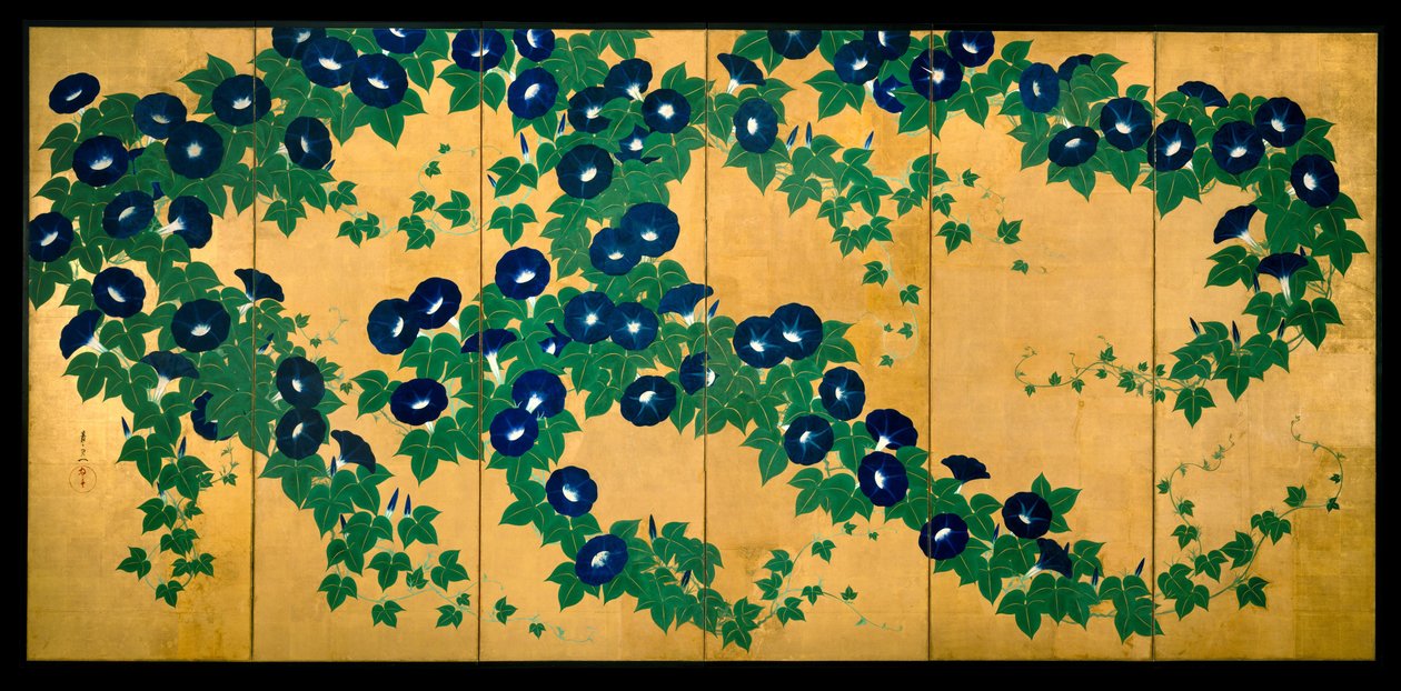 Morning Glories, pocz. XIX w. (tusz, kolor i złote liście na papierze) autorstwa Suzuki Kiitsu