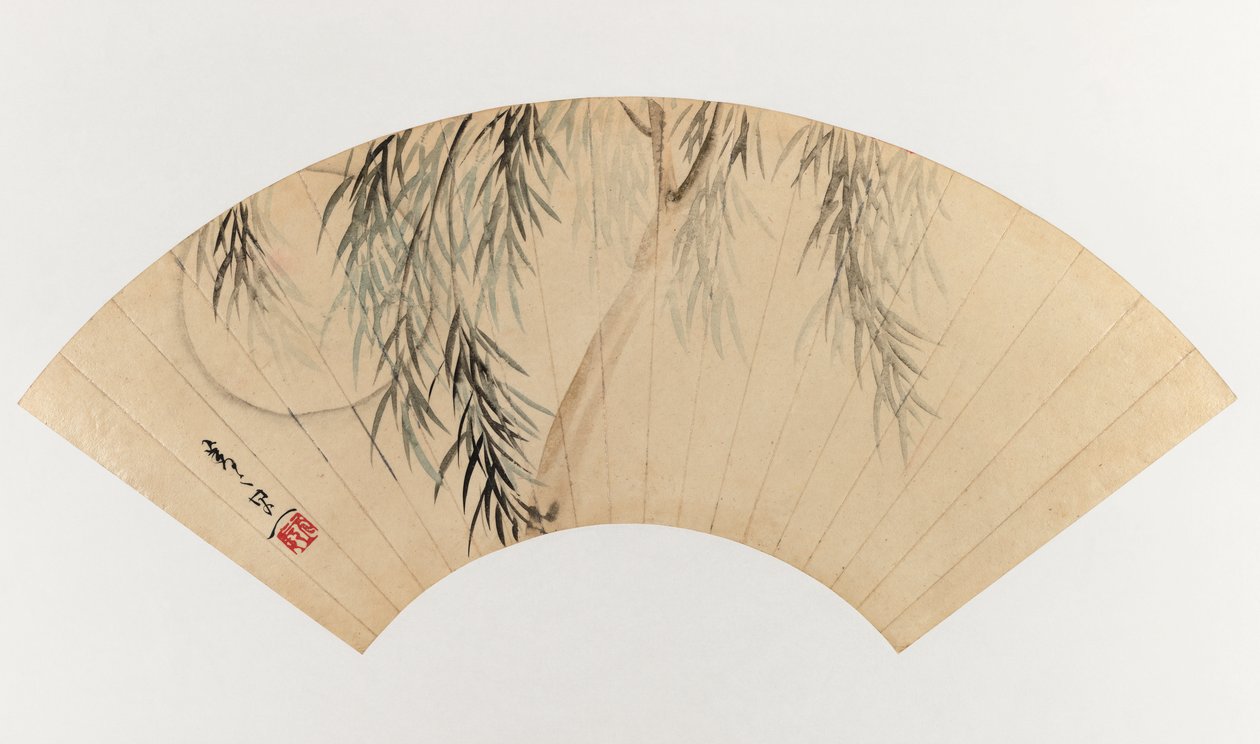 Willow and Moon (obraz wachlarzowy) (malowanie wachlarzowe, tusz i jasny kolor na papierze) autorstwa Suzuki Kiitsu