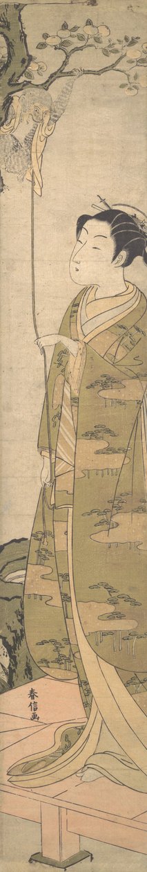 Kobieta bawiąca się z małpą, która wspięła się na drzewo, ca. 1770 r., ok. 1770 r. 1770. autorstwa Suzuki Harunobu
