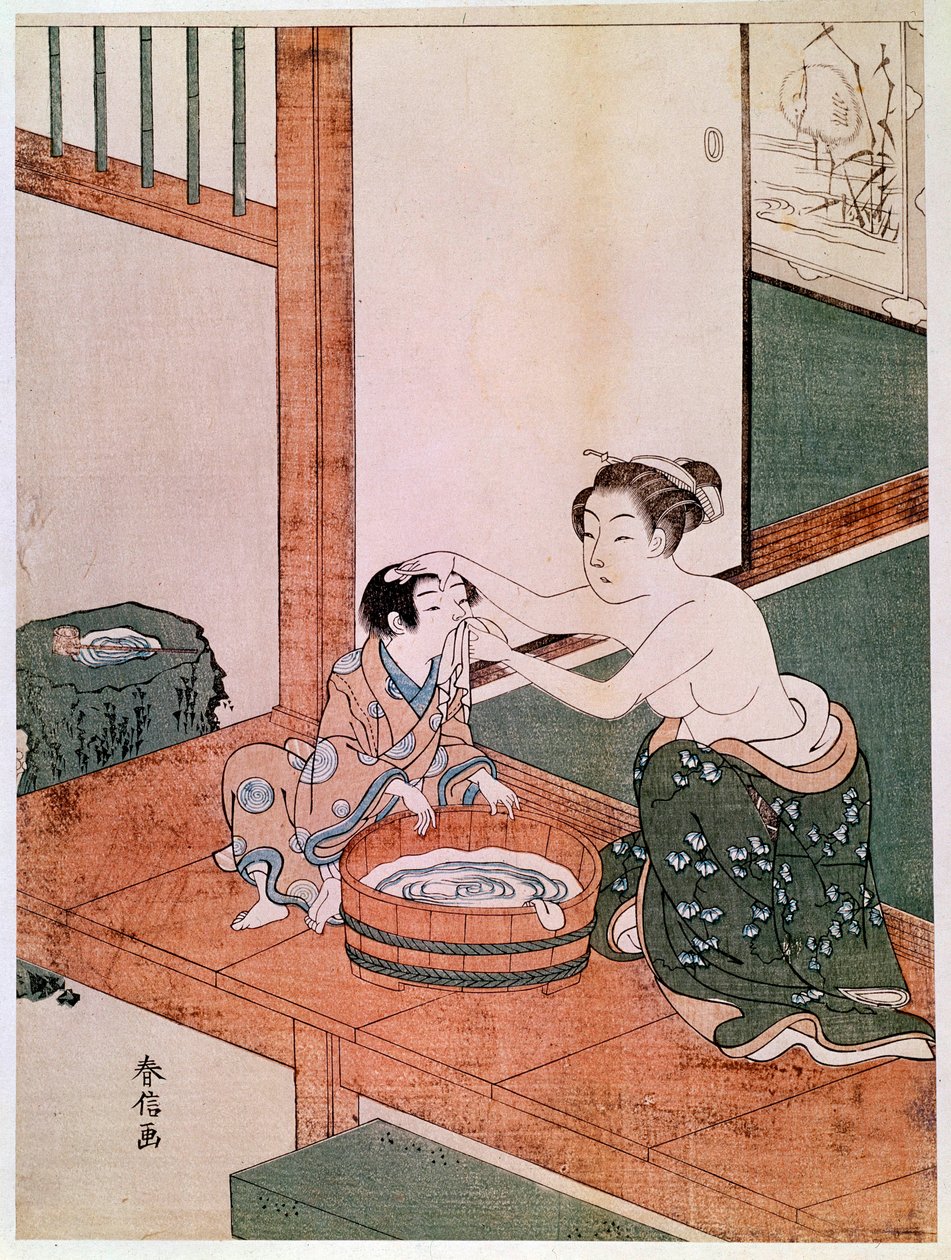 Naga matka myjąca swoje dziecko w Japonii w pobliżu basenu wypełnionego wodą. Ryciny Haronobu Suzuki (1725-1770). 1766-1768. Ciemny. 0,27x0,201 m. Paryż, Muzeum Guimet, Narodowe Muzeum Sztuki Azjatyckiej autorstwa Suzuki Harunobu