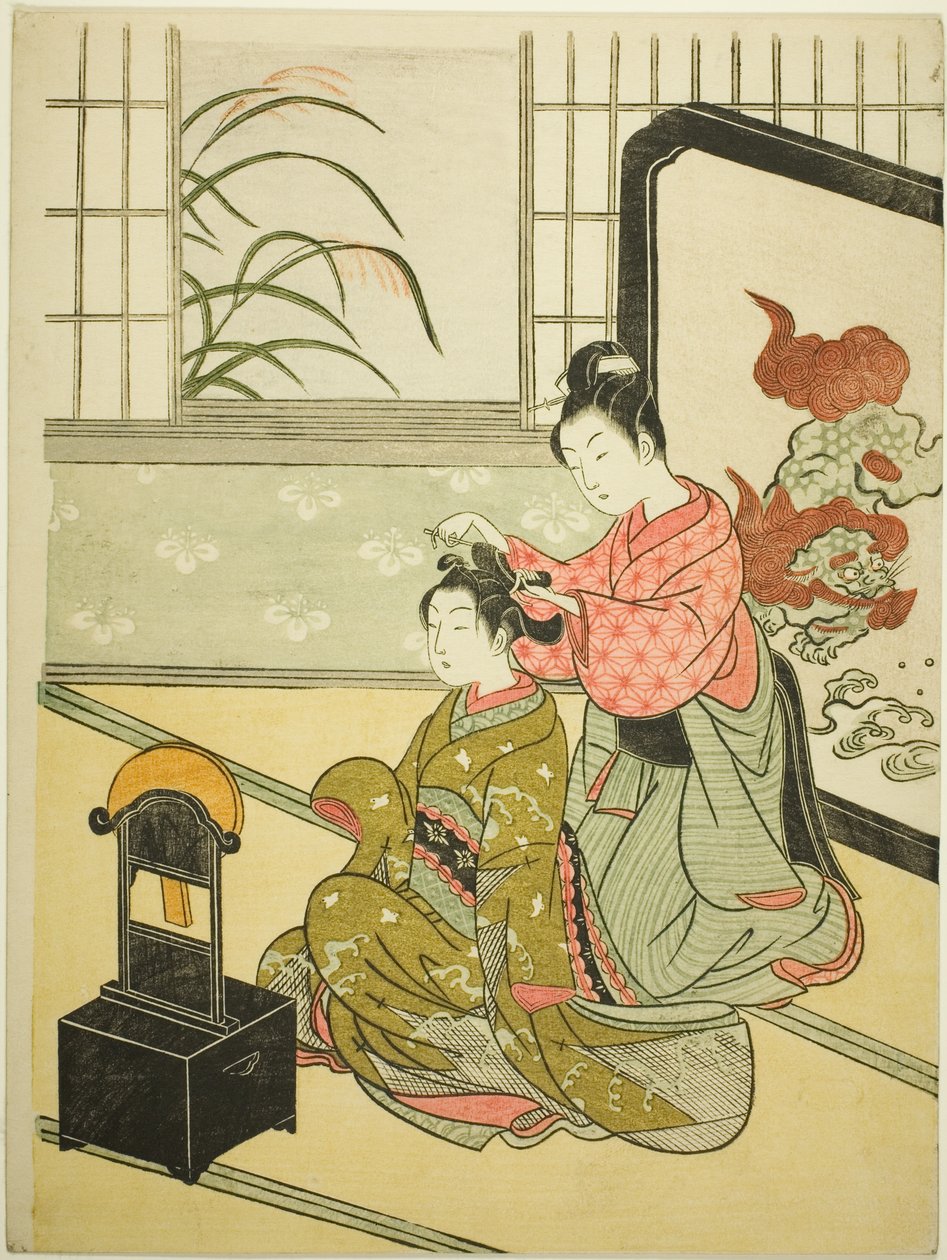 Jesienny księżyc w lustrze (Kyodai no shugetsu), z serii „Osiem widoków salonu (Zashiki hakkei)” autorstwa Suzuki Harunobu