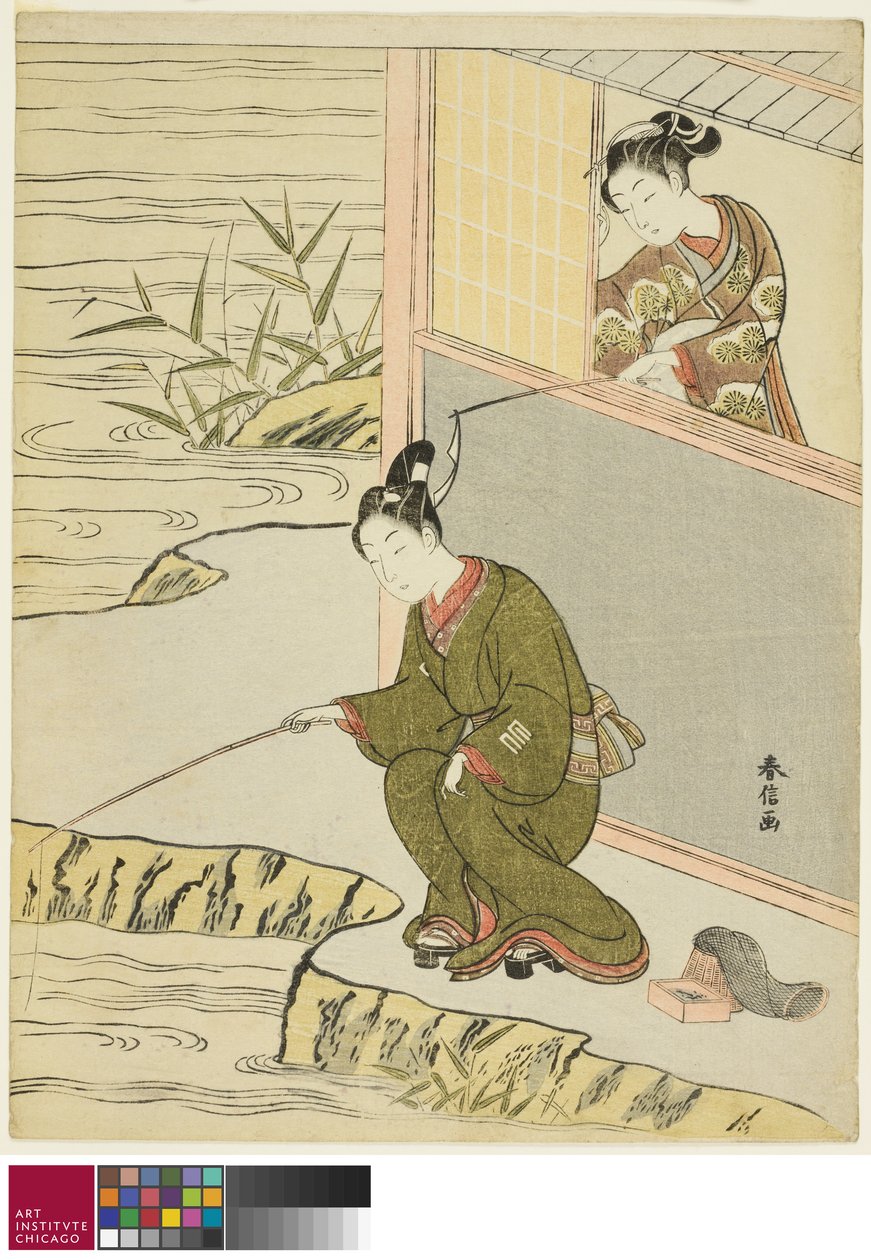 Piękno drażni młodego mężczyznę łowiącego ryby, c. 1768 autorstwa Suzuki Harunobu