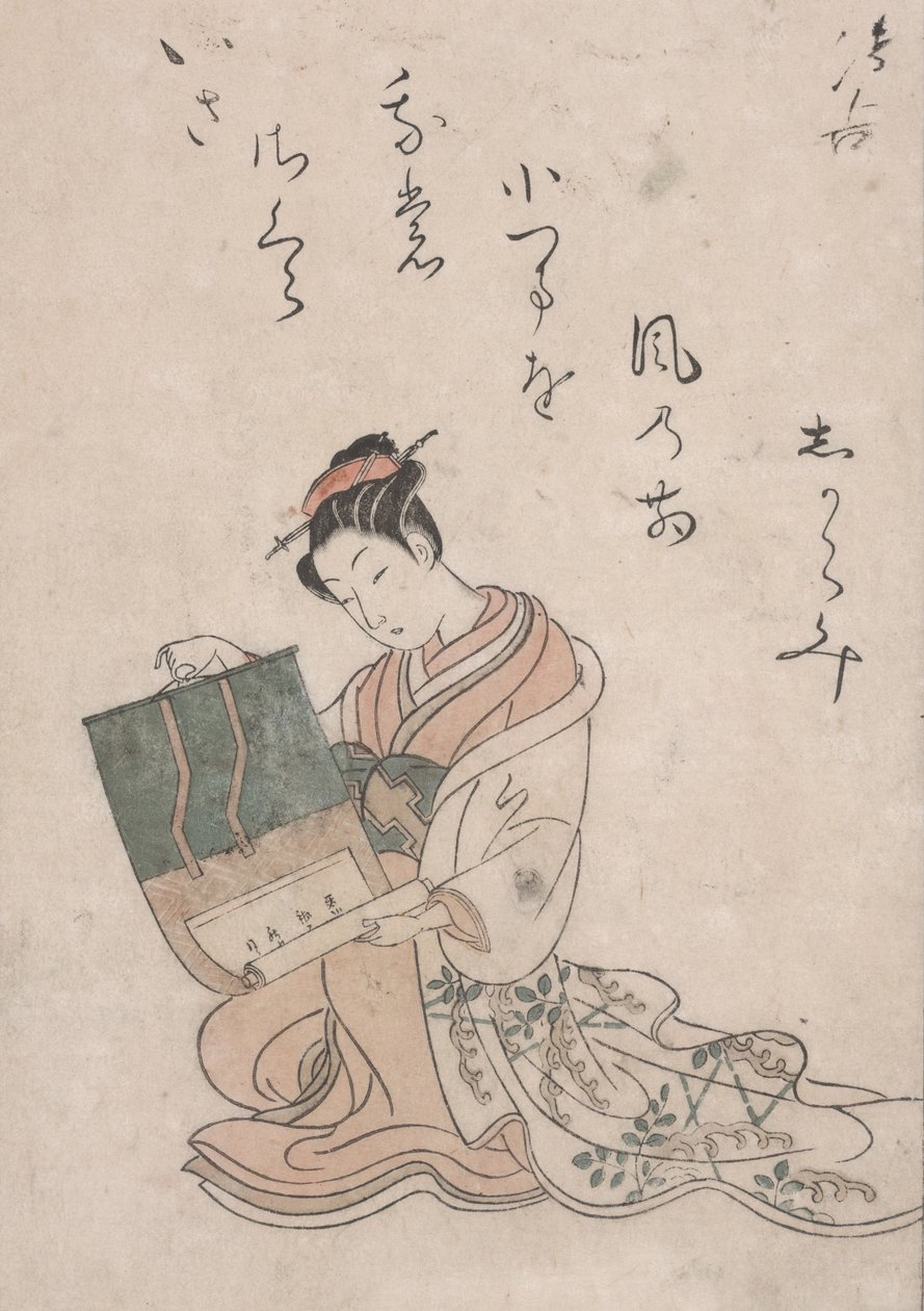 Beauty Unrolling Scroll, ok. 1770 (kolorowy drzeworyt na japońskim papierze) autorstwa Suzuki Harunobu